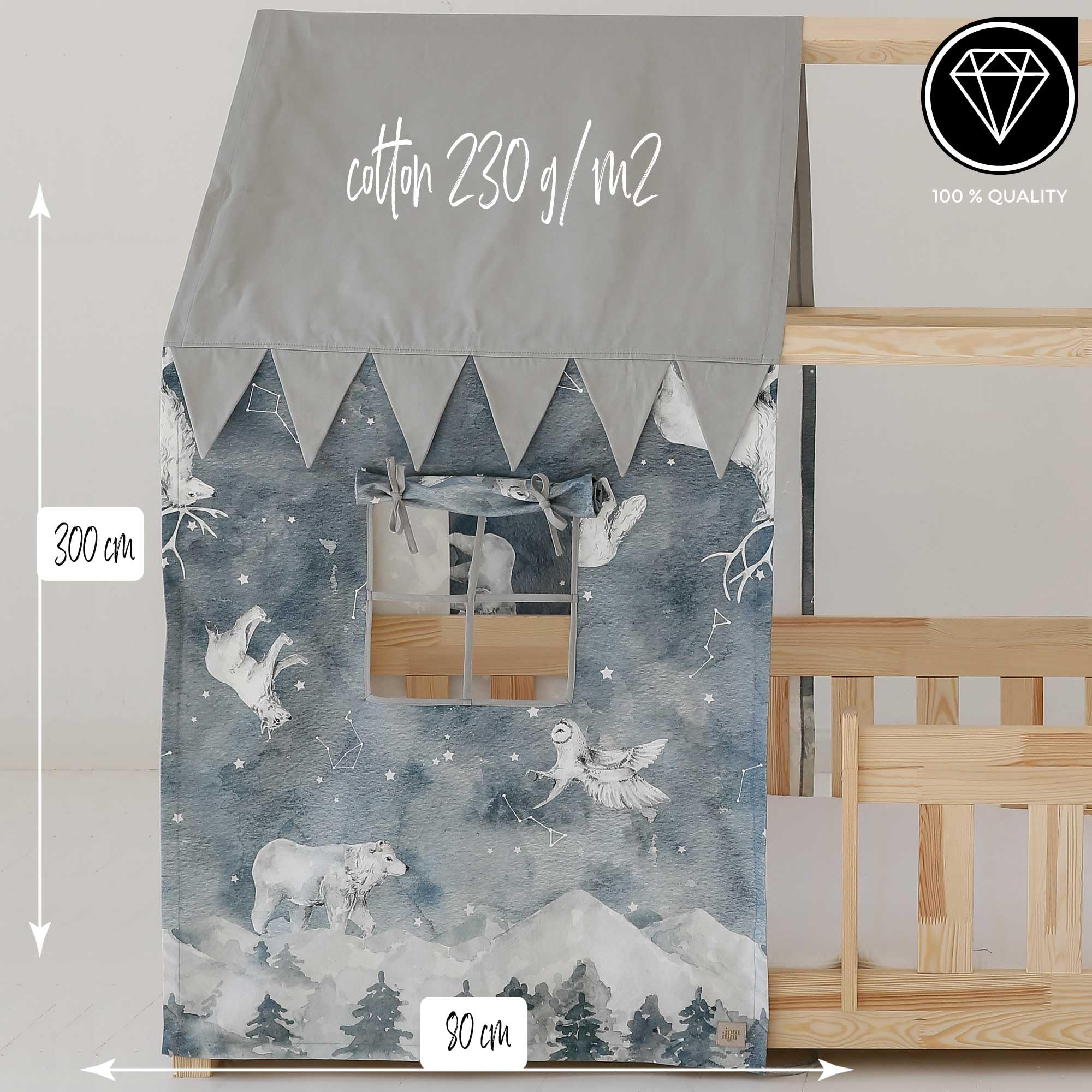 Moi Mili Dosel de cama con aspecto de casa, cortina con estampado de cielo estrellado, 300 x 80 cm, en forma de casa, con ventana para cama infantil, decoración de cama, dosel de casa