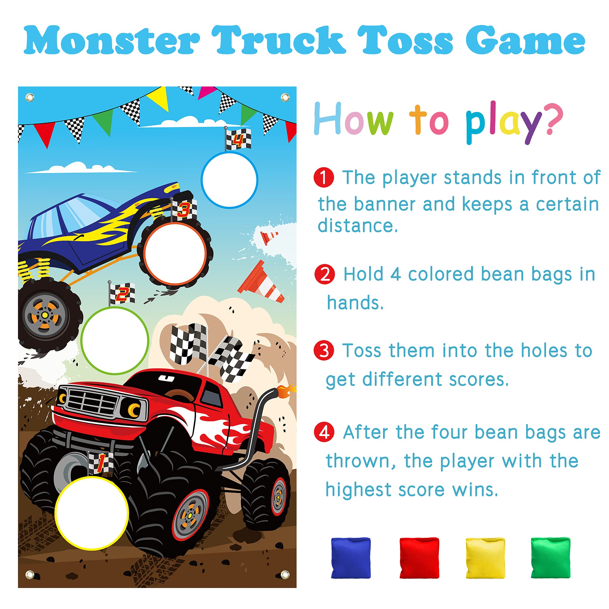 BeYumi Monster Truck Toss Game Banner with Bean Bags Checkered Party Game for Indoor Outdoor Activities 4 Score Holes Monster Truck Theme Birthday Party Supplies for Kid Adult - Image 4