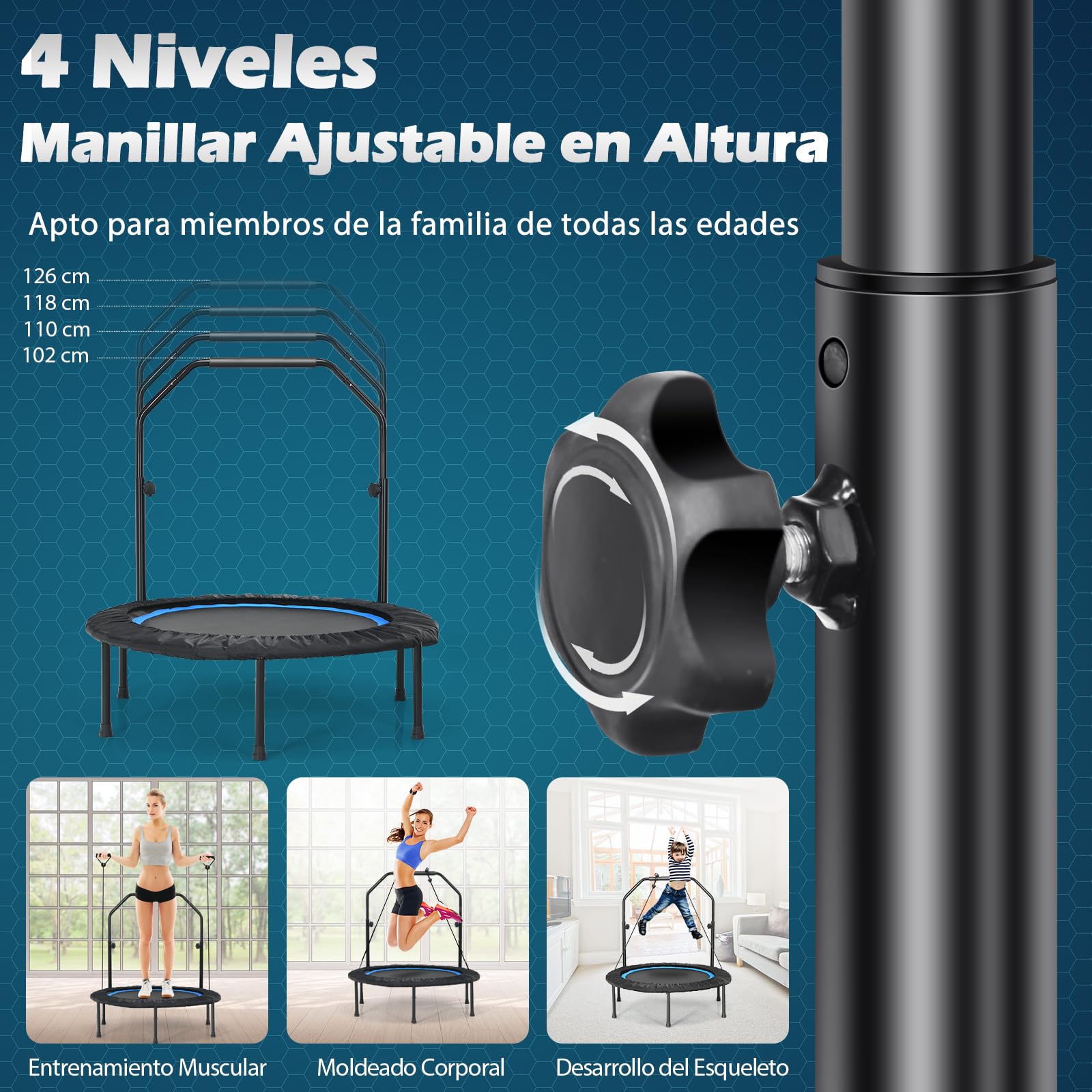 GYMAX Plegable Fitness Trampolín para Adultos y Niños, hasta 150 kg, Cama Elastica Fitness con Silencioso y Plegable, Mango de Espuma Ajustable en Altura y 2 Bandas de Resistencia