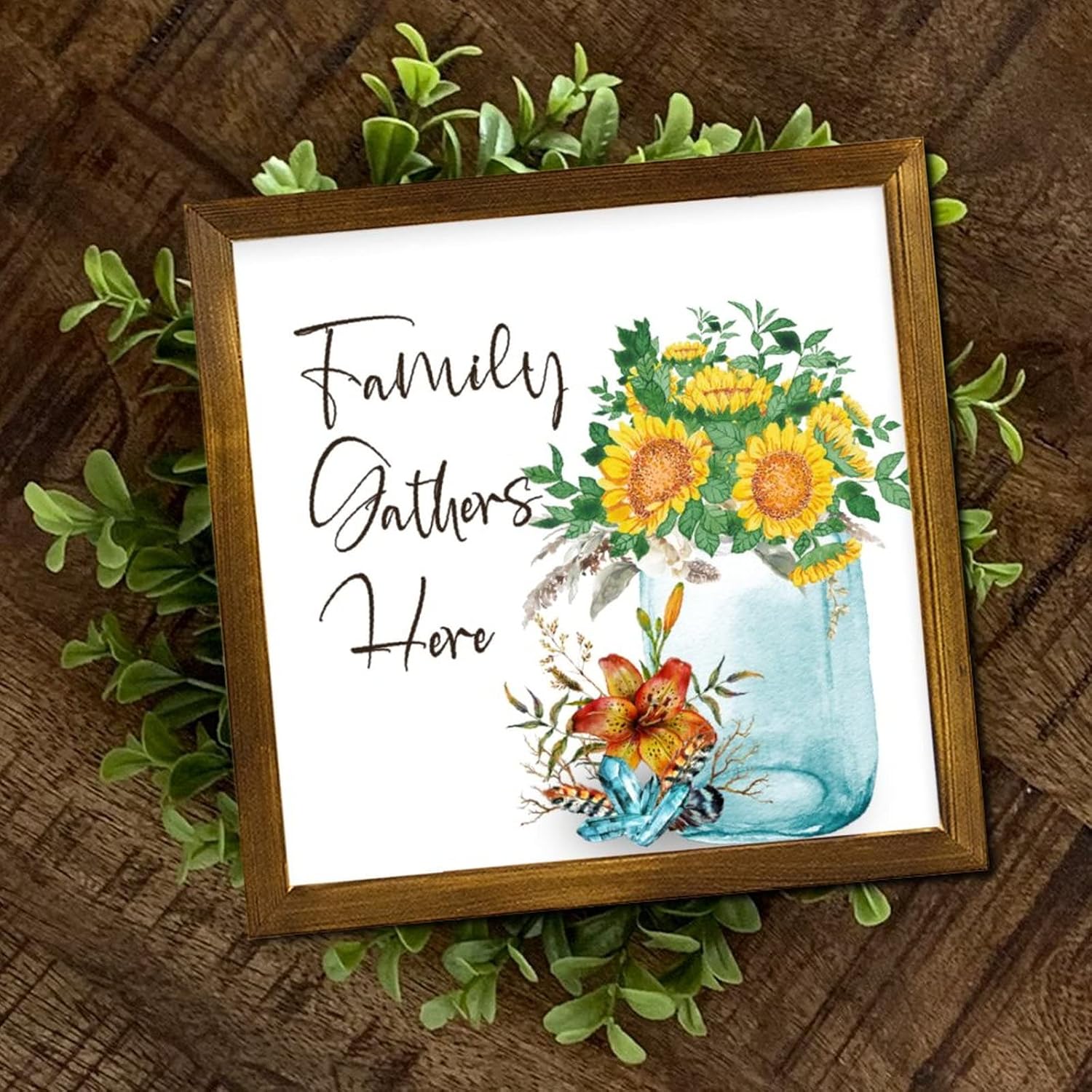 Family Gathers Here Framed Wooden Signs Spring Sunflower Flower in Vase Wall Art Sign Farmhouse Garden Floral Wooden Wall Art Decoration for Home Living Room Office Entryway 12x12 inch