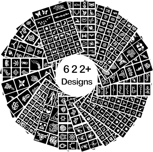 20 hojas de plantillas temporales de tatuaje, más de 622 piezas de plantillas de tatuaje de henna para pintura facial y cuerpo, bricolaje, arte