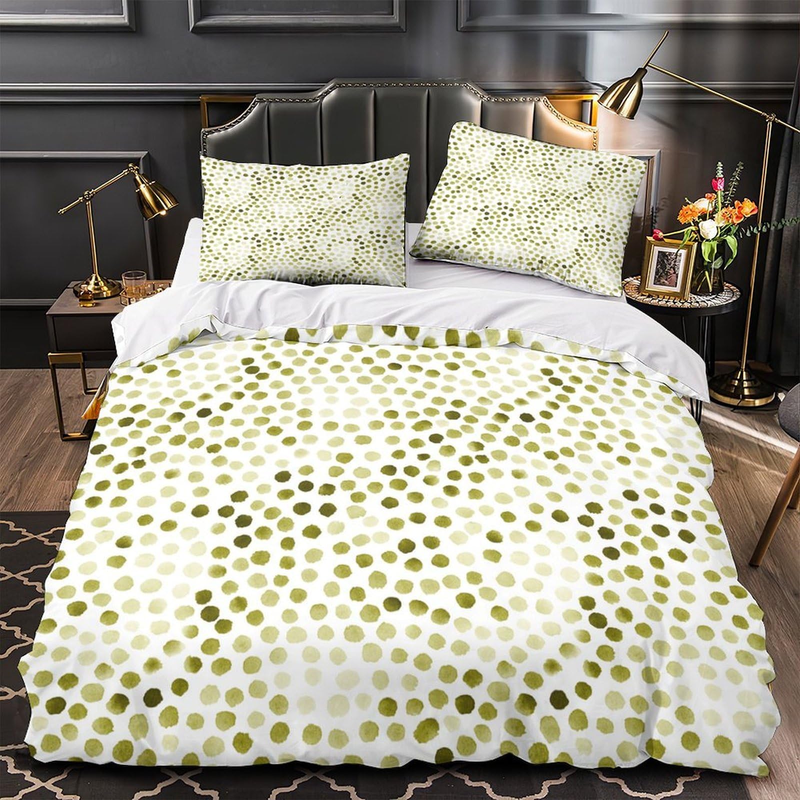 Parure de lit motif pois dorés avec housse de couette 140x200cm zippée en microfifre douce