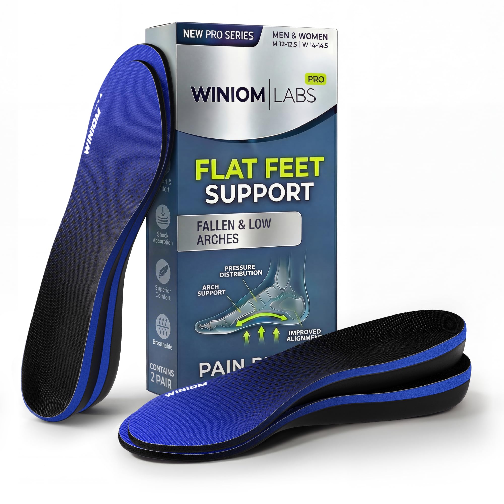 Flat Feet Insoles Men &amp; Women - Orthotic Shoe Inserts with Arch Support for Flat Feet, Overpronation Insoles with Shock Absorption for Heel and Foot Pain Relief (MN Blue (2 Pairs), M8-8.5/W10-10.5)