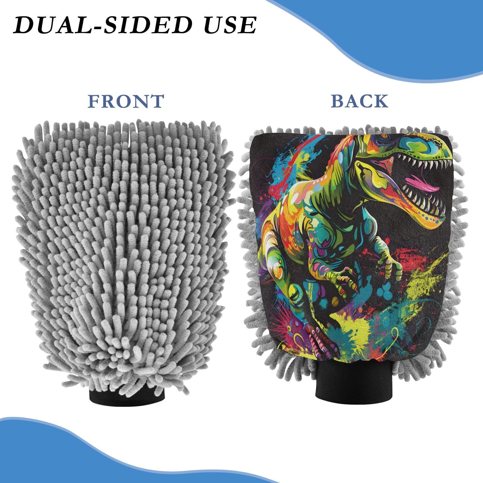 ALAZA Dinosaur T-rex Dino Car Wash Mitt Scratch Free, 2 Pack Absorbent Microfiber/Chenille Washing & Drying Mitts, L
