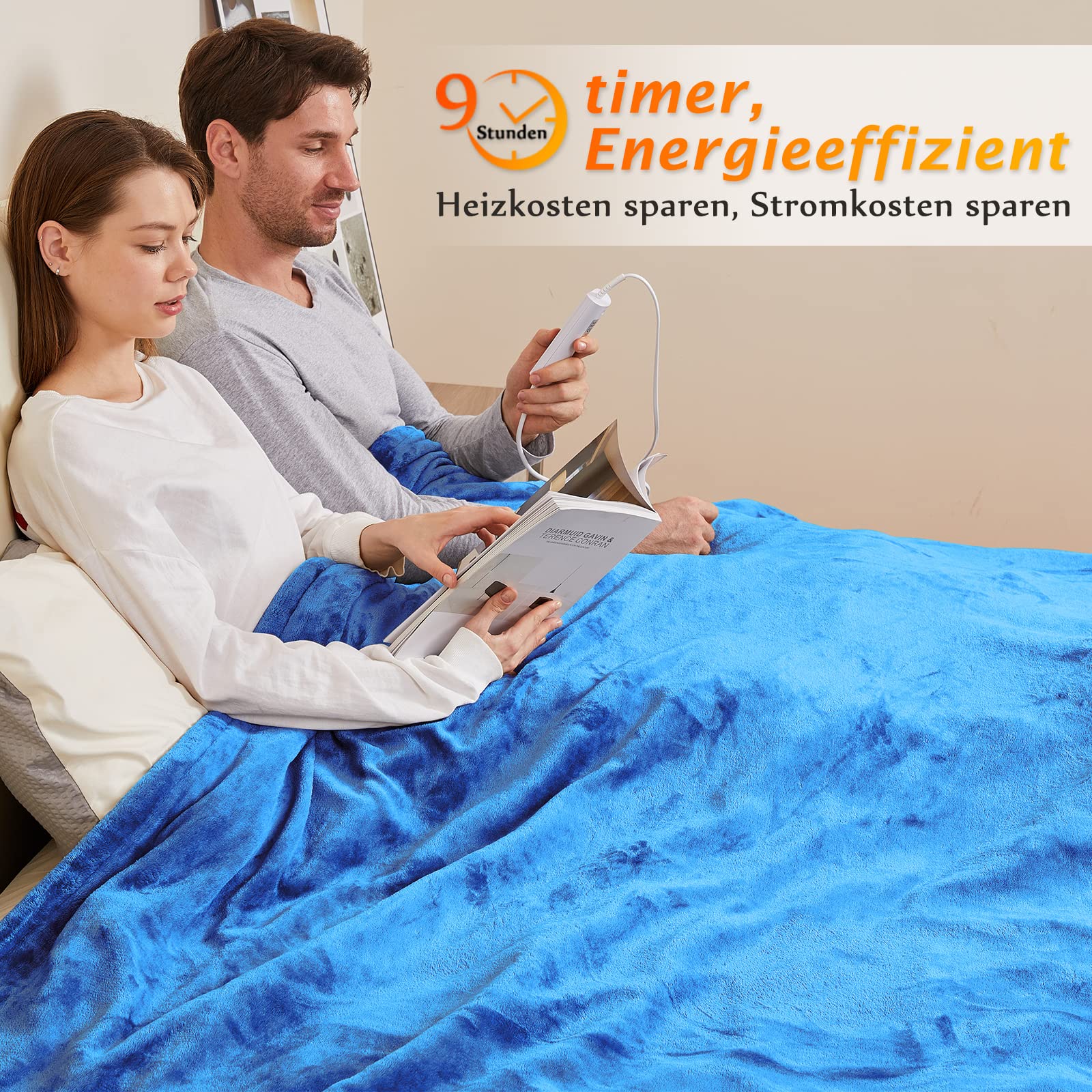 Mia&Coco Heizdecke mit Abschaltautomatik, 180x200cm, 10 Heizstufen Up-to-9 Stunden Auto-Off-Timer Überhitzungsschutz, Elektrische Wärmedecke Waschbar, Blau