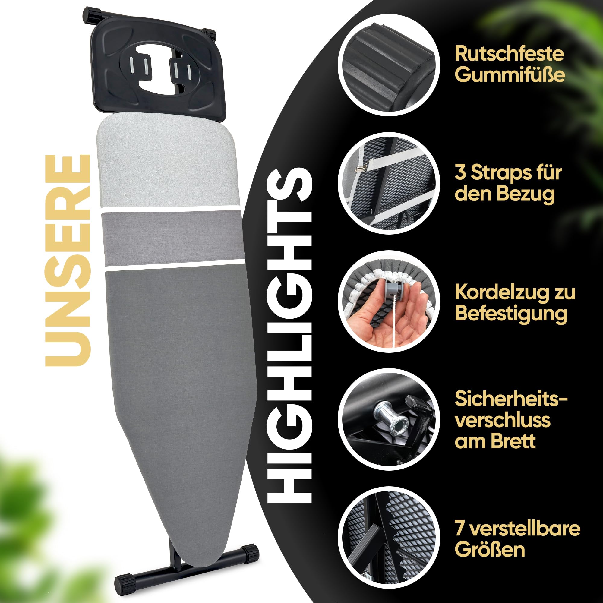 Avieto XXL Bügelbrett 124x43 cm für Dampfbügeleisen und Normale Bügeleisen | Bezug 5 Lagig Dampdurchlässig Hitzreflectierend GlideCharge & Park Place