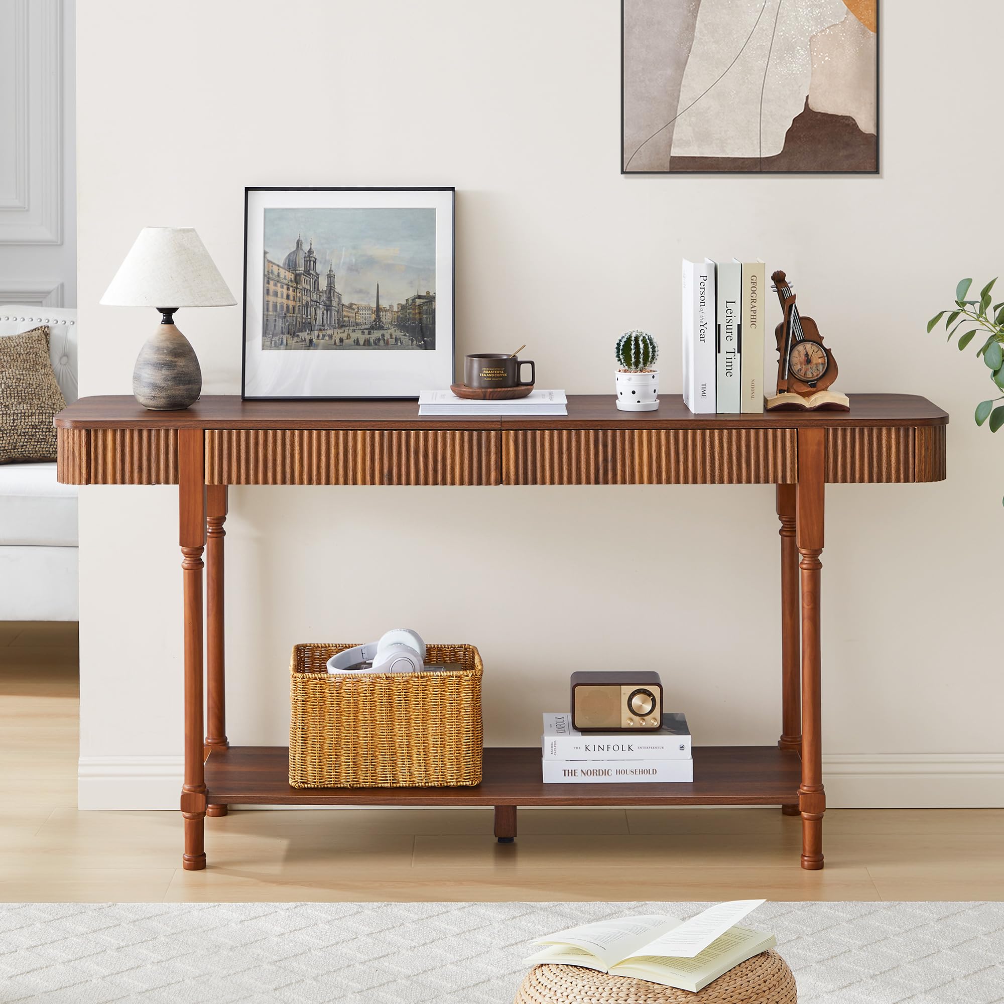 63”Console Table with 2 Drawers, Farmhouse Entryway Table with Fluted Panel & Storage Shelf,Narrow Long Behind Couch Tables Accent Sofa Table with Solid Wood Legs for Living Room Foyer Hallway(Walnut)