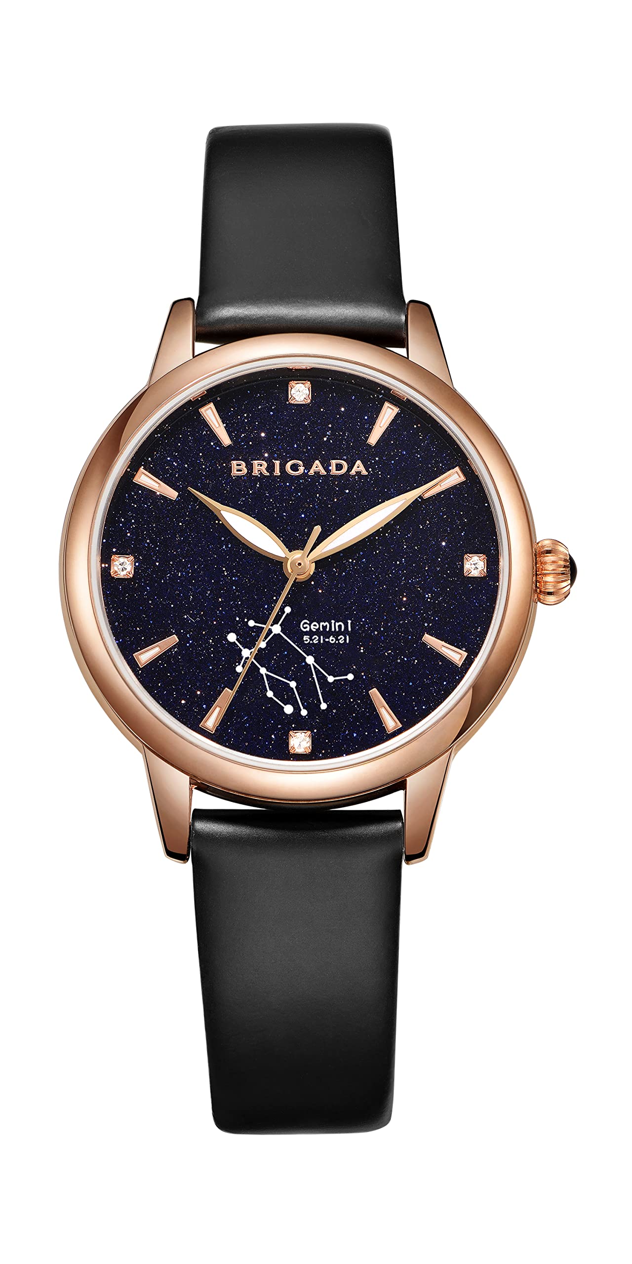 BrigadaWomen's Luminous Crystal Constellation Watches with Black Leather Band Waterproof Watches for Women