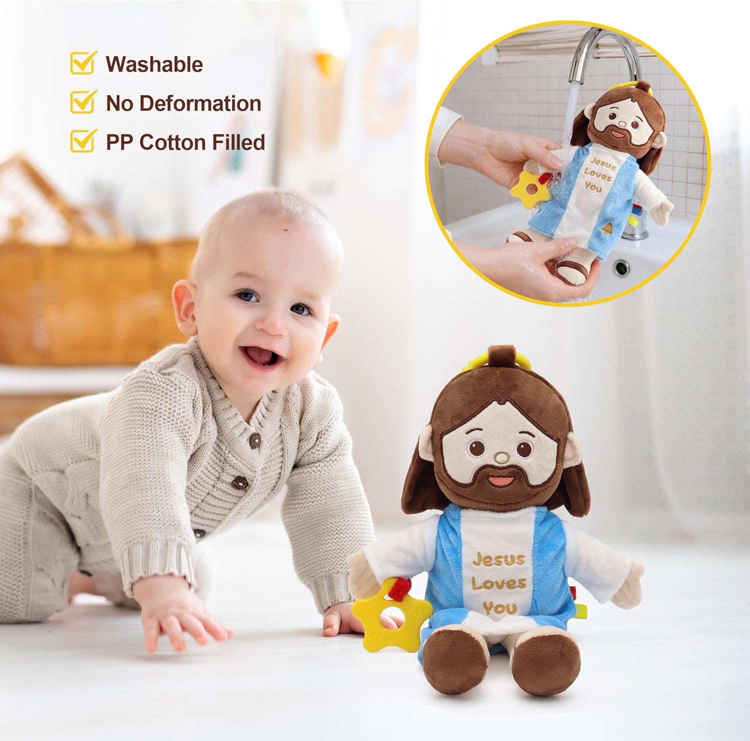 Yelakey 11.8" Baby Jesus Plush Toy with Multi-Sensory Accessories Jesus Plushie Religious Baptism Gift for Baby Shower Easter Decoration