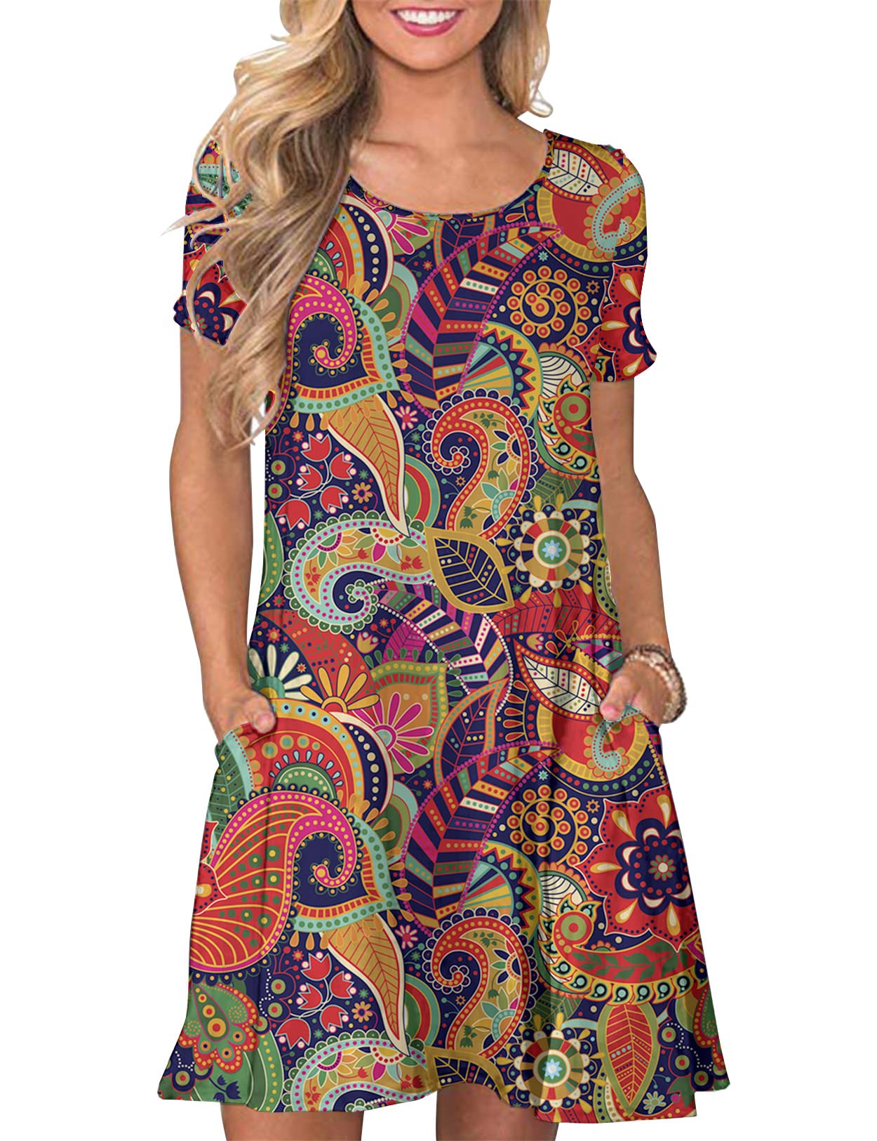 CHERFLY Vestido de Camiseta Verano Casual para Mujer Mangas Cortas con Bolsillos