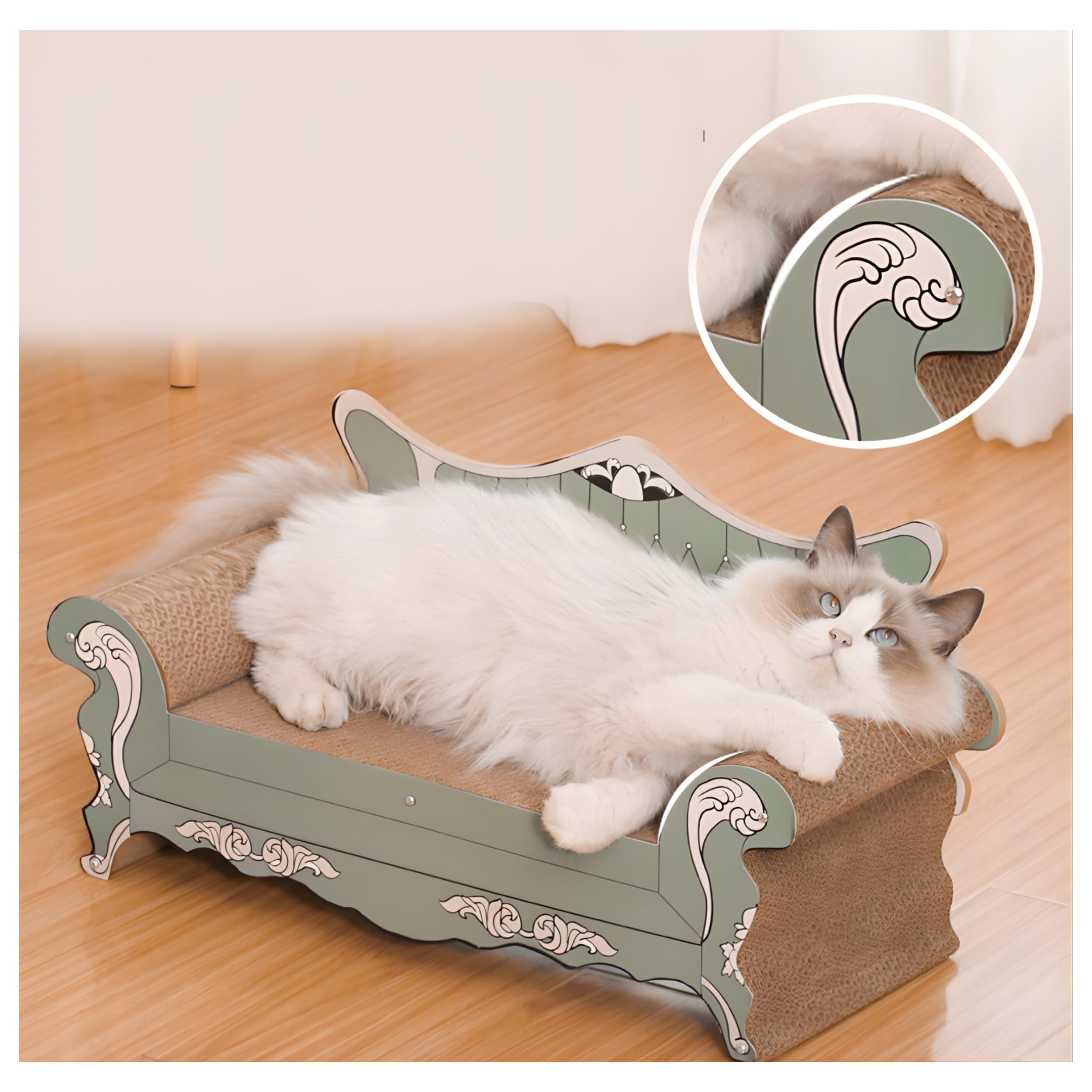 Deccart Katzenbett Grün aus Karton mit Kratzpappe - Katzensofa als Schlafplatz für drinnen - Dekoratives Kratzmöbel zur Krallenpflege und Entspannung für Katzen