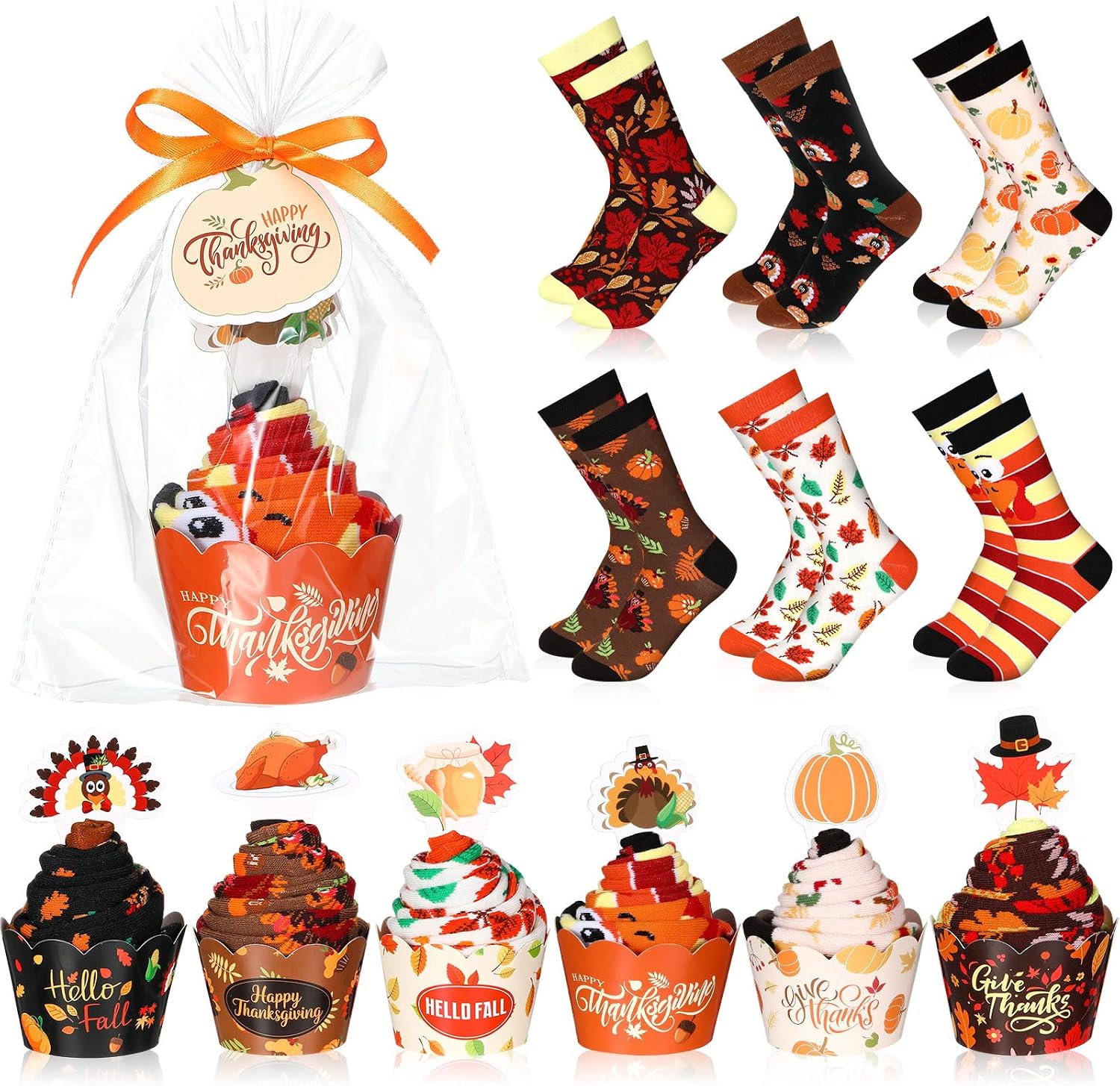 Foaincore 6 Pairs Thanksgiving Gift with Cupcakes Thanksgiving Pumpkin Socks Novelty Fuzzy Socks for Women Autumn Fall Theme Party Supplies