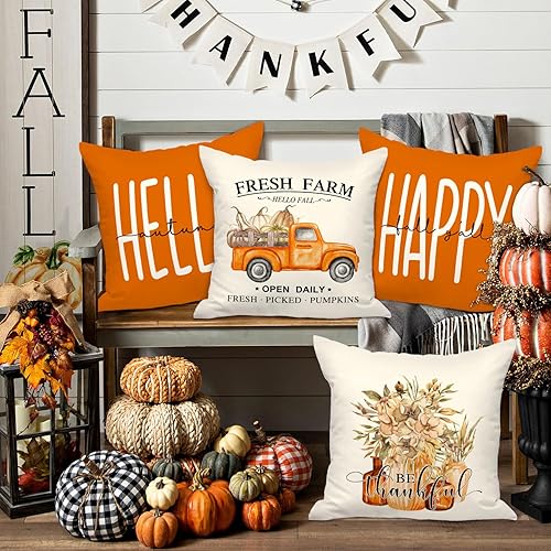 Miniatura 3 de Ywlake Juego de 4 fundas de almohada de otoño de 16 x 16 pulgadas, color naranja de 16 x 16 pulgadas, fundas decorativas para almohada de otoño de