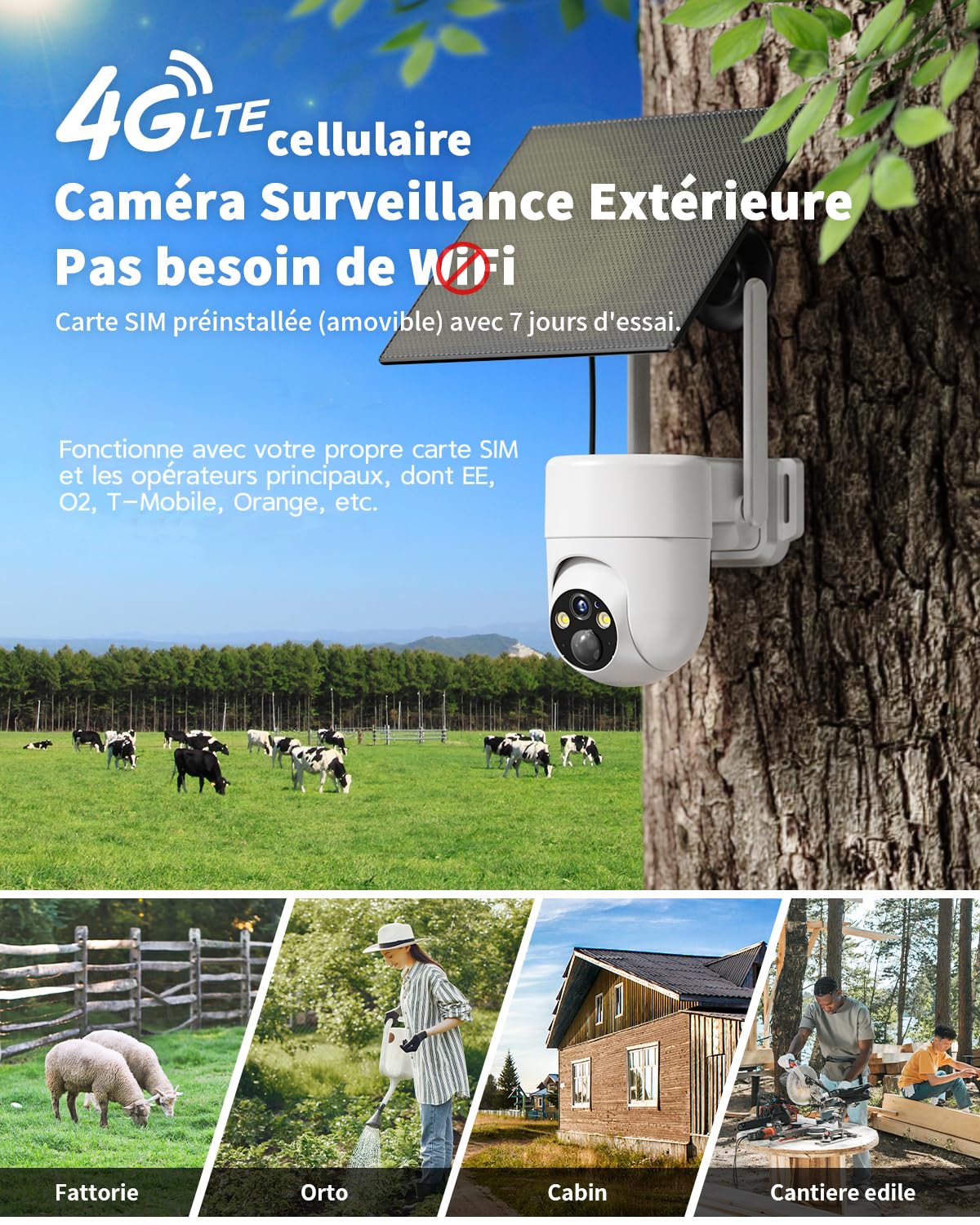 SEHMUA 3G/4G LTE Camera Surveillance Exterieure sans Fil, Camera Solaire 4G avec Carte Sim, Détection Humaine PIR et Alarmes de Zones Personnalisées, Étanchéité IP66