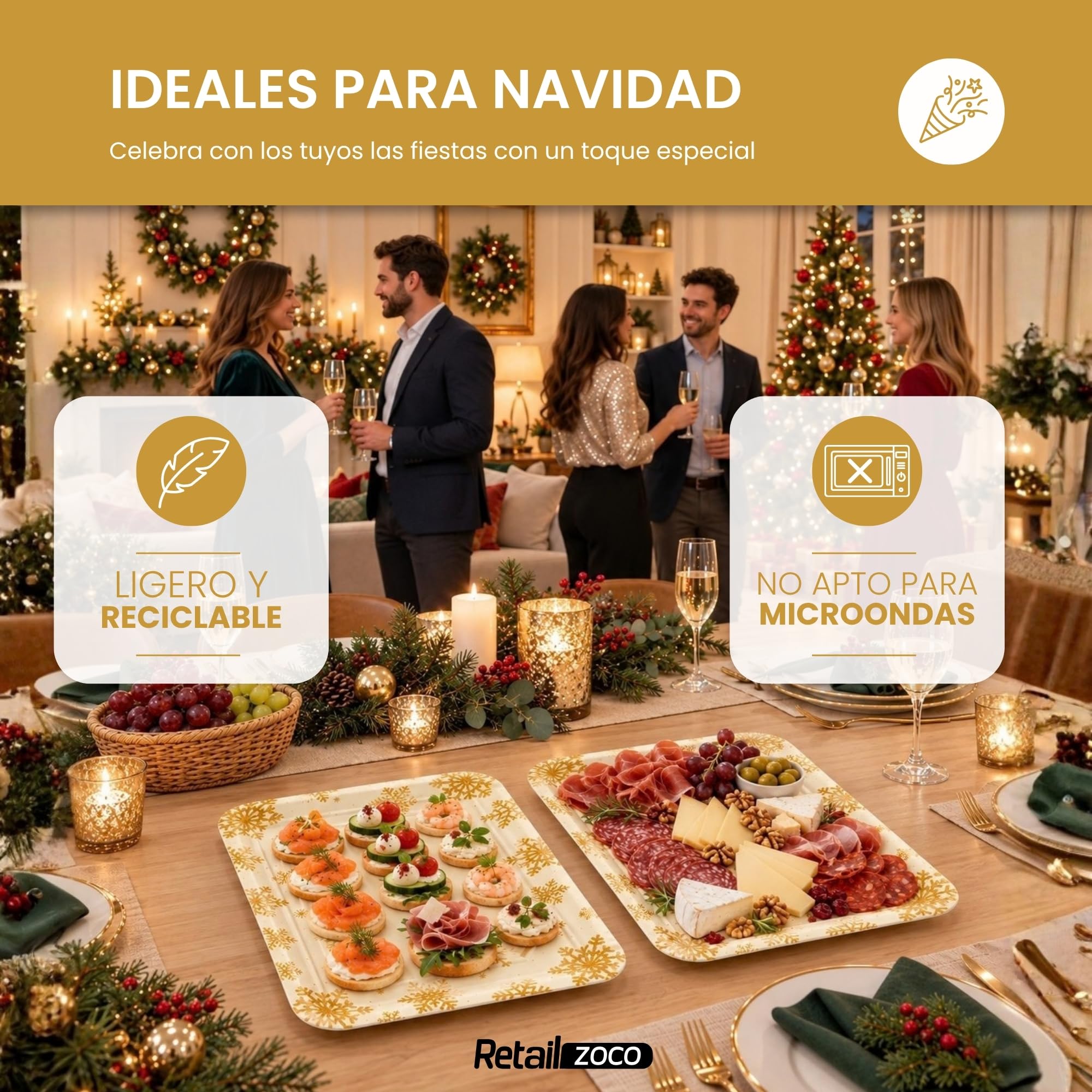 Bandejas de Cartón para Servir, Diseño Copos de nieve dorados, 6 Unidades - imagen 5