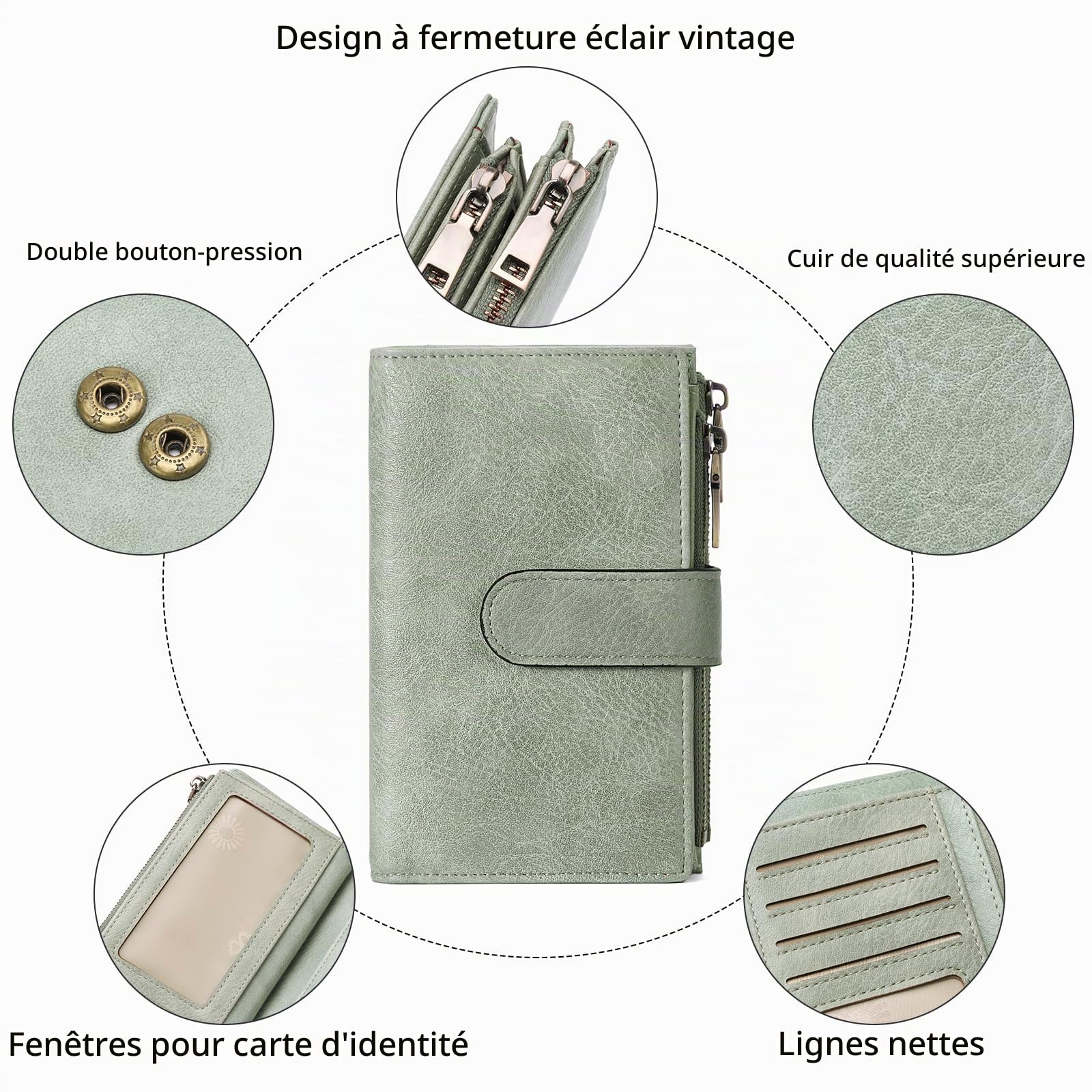 GOIACII Portefeuille Femme Cuir Moyen Porte-Cartes de Crédit RFID Double Fermeture éclair Porte Monnaie Grande Capacite avec 16 Cartes et 3 Fenêtre D'identification