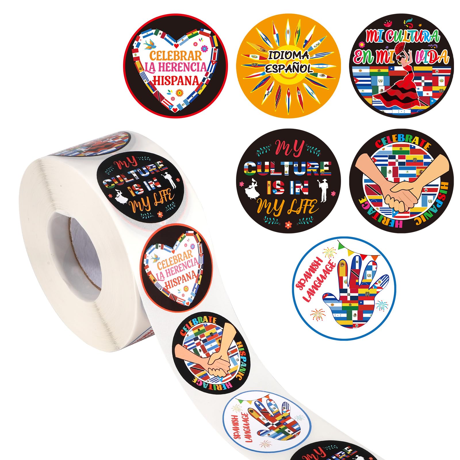 lasuroa 1000pcs Hispanic Heritage Month Stickers Roll, Spanish Speaking Countries Flags & Dance Patterns Latino Hispanic Decal for Teachers Students Spanish History Month Decoration Supplies