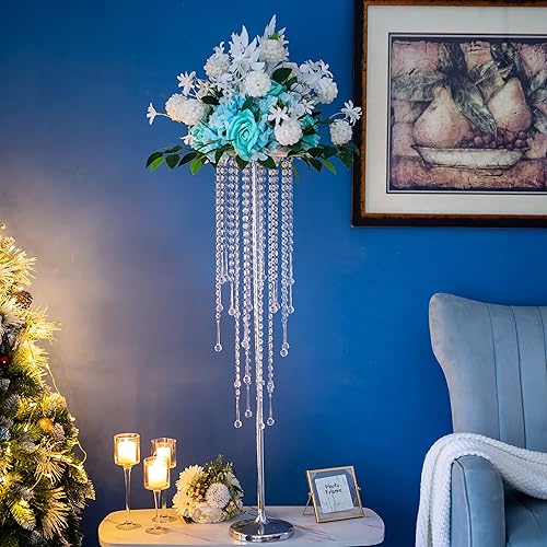 Miniatura 3 de Jarrones altos para centros de mesa de boda, florero plateado de 39.4 pulgadas con cristal de araña, decoración de mesa de centro de mesa, soporte