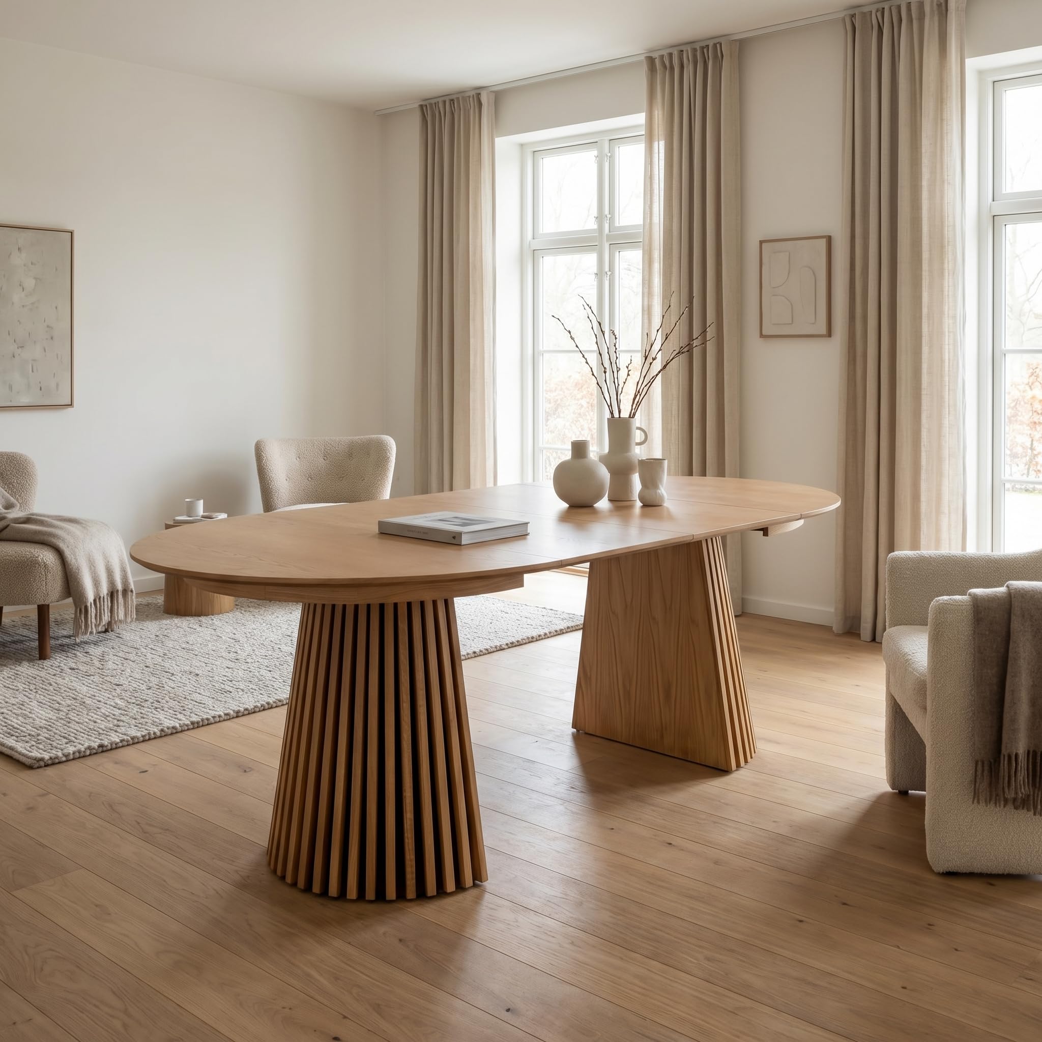 Esstisch oval ausziehbar - Tokyo 2 Einlegeplatten 120/160/200 cm Eiche Furnier Natur – Ausziehtisch Rund zu Oval Esszimmertisch