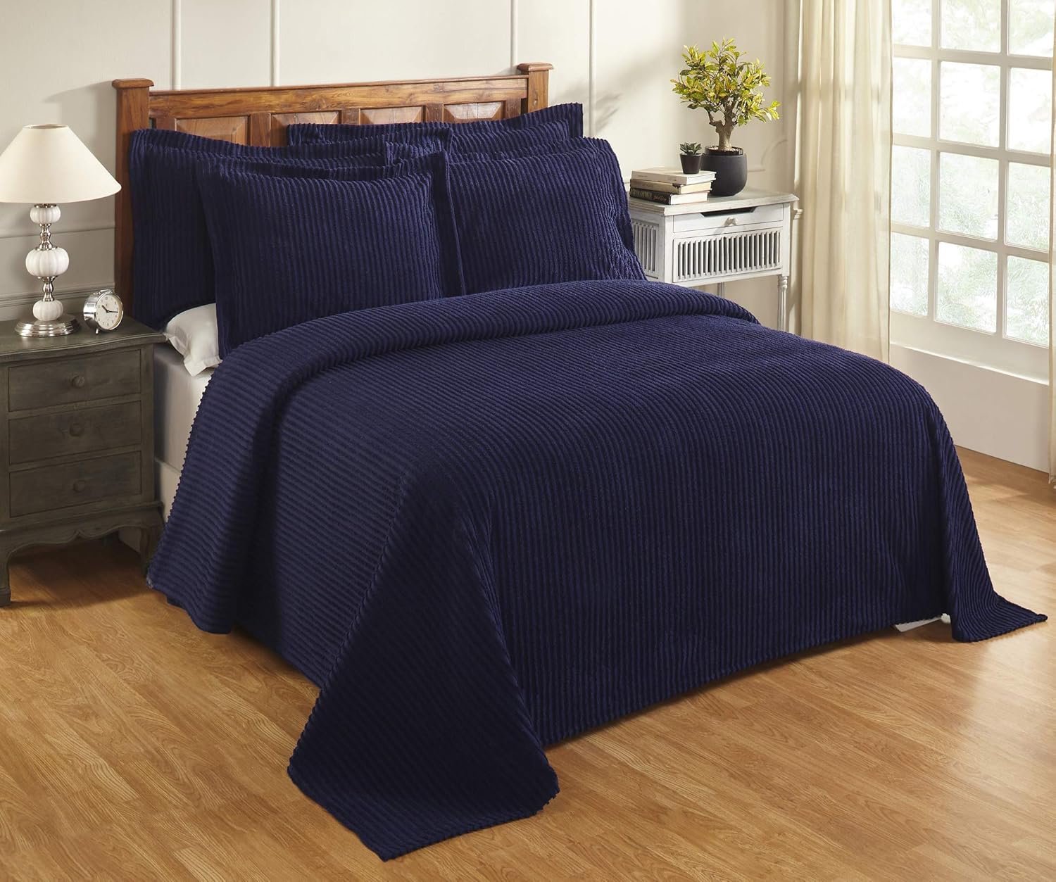 Better Trends Chenille Bedspreads King, Jullian Collection Bold Stripes Design in Navy Super