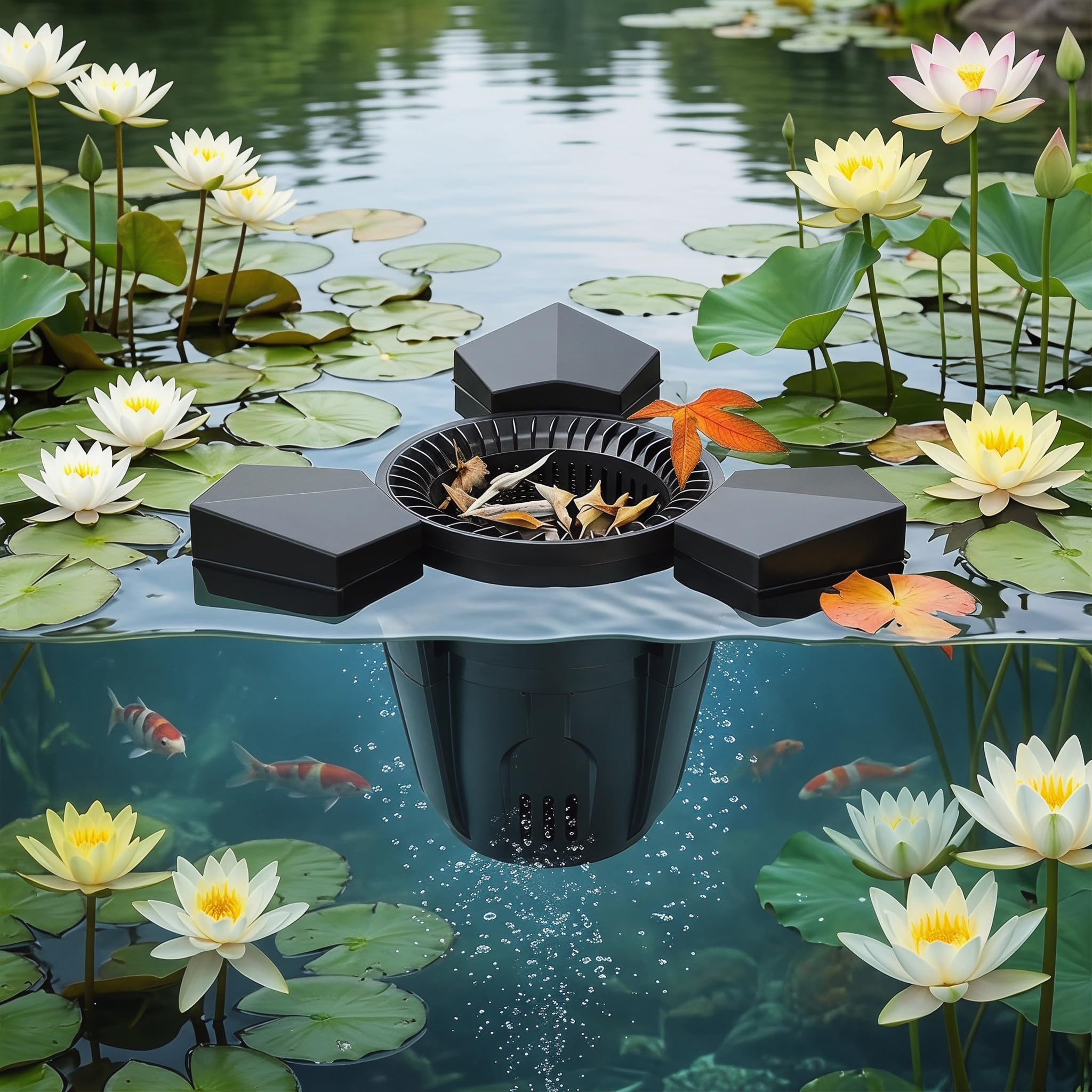 Skimmer automatico per laghetti, 43 W, detergente per superfici galleggianti con cestello per foglie e aeratore per filtraggio efficiente dell'acqua in laghetti e piscine fino a 15 m³