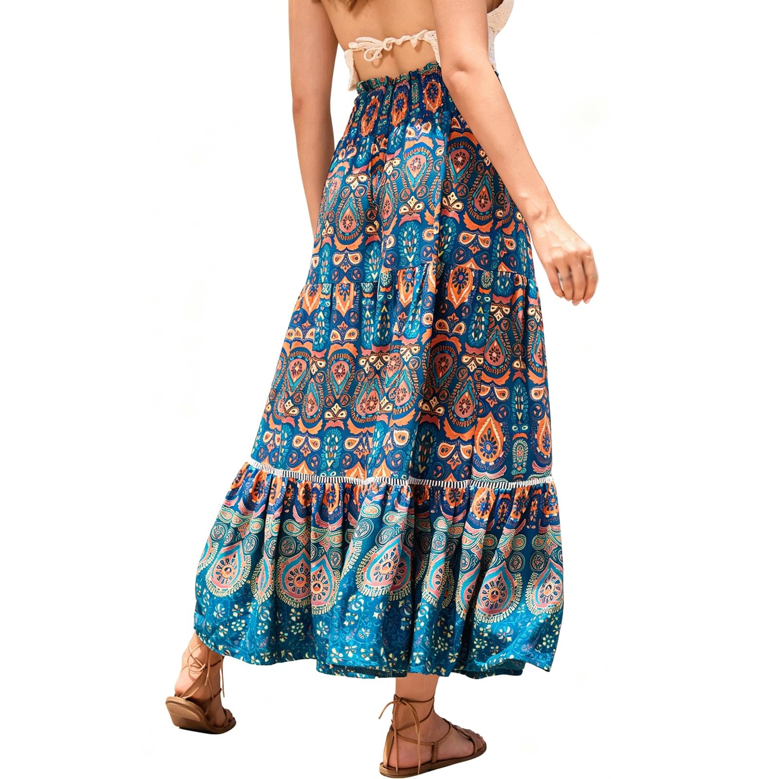 DUddTTW Resort Midi Skirt Rayon Women's Maxi Skirts Lace High Waisted Swing Skirt Slimming Hollow-out Ankle Length Design for Beach(Peacock blue,Lagre)