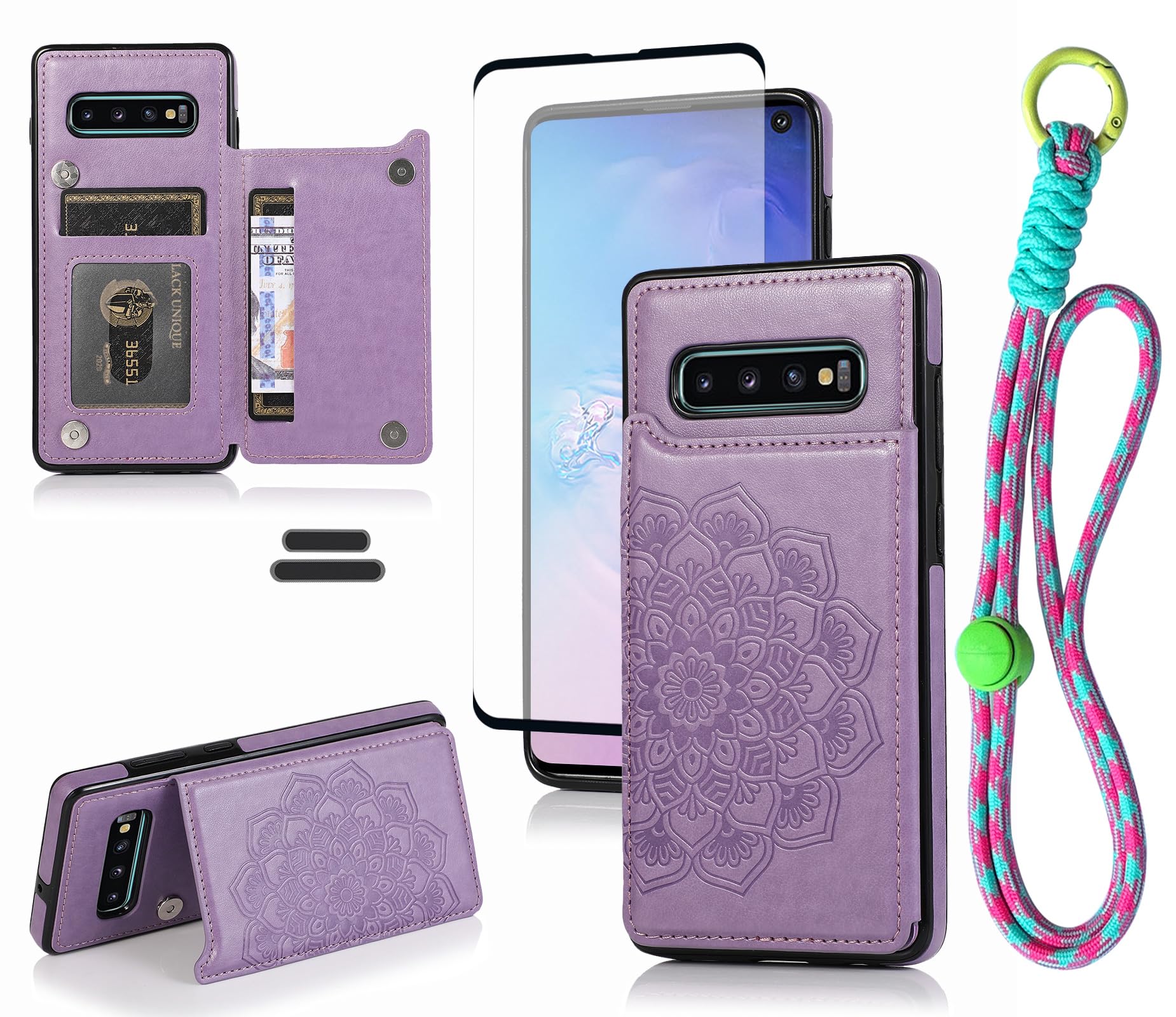 LMDAMZ for Galaxy S10 6.1 Inch Wallet Case with Card Holder, Mandala Embossed Faux PU Leather with Wrist Strap Double Magnetic Clasp Case Flip Back Wallet Case with Stand Function (Purple)