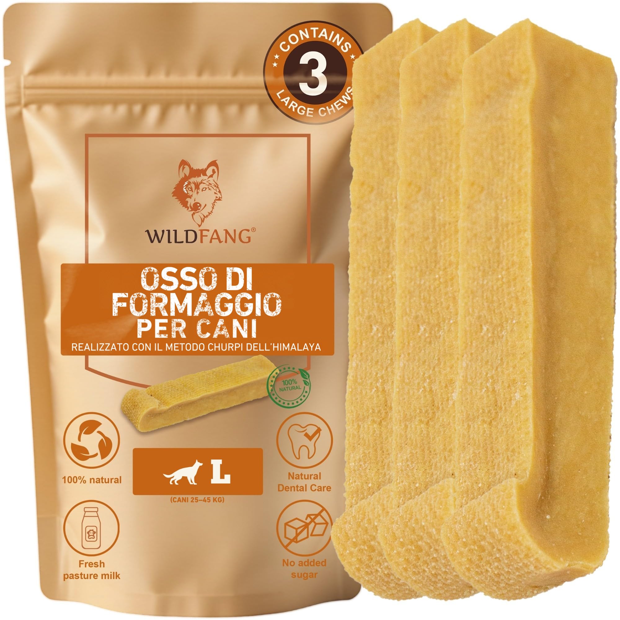 Wildfang® Snack per Cani in Formaggio Duro L (113 g) per Cani 25–45 kg – Bastoncino da Masticare per Cani, Himalayan Durezza tipo Yak, Masticativi Naturali per Cani stile Churpi, Confezione da 3