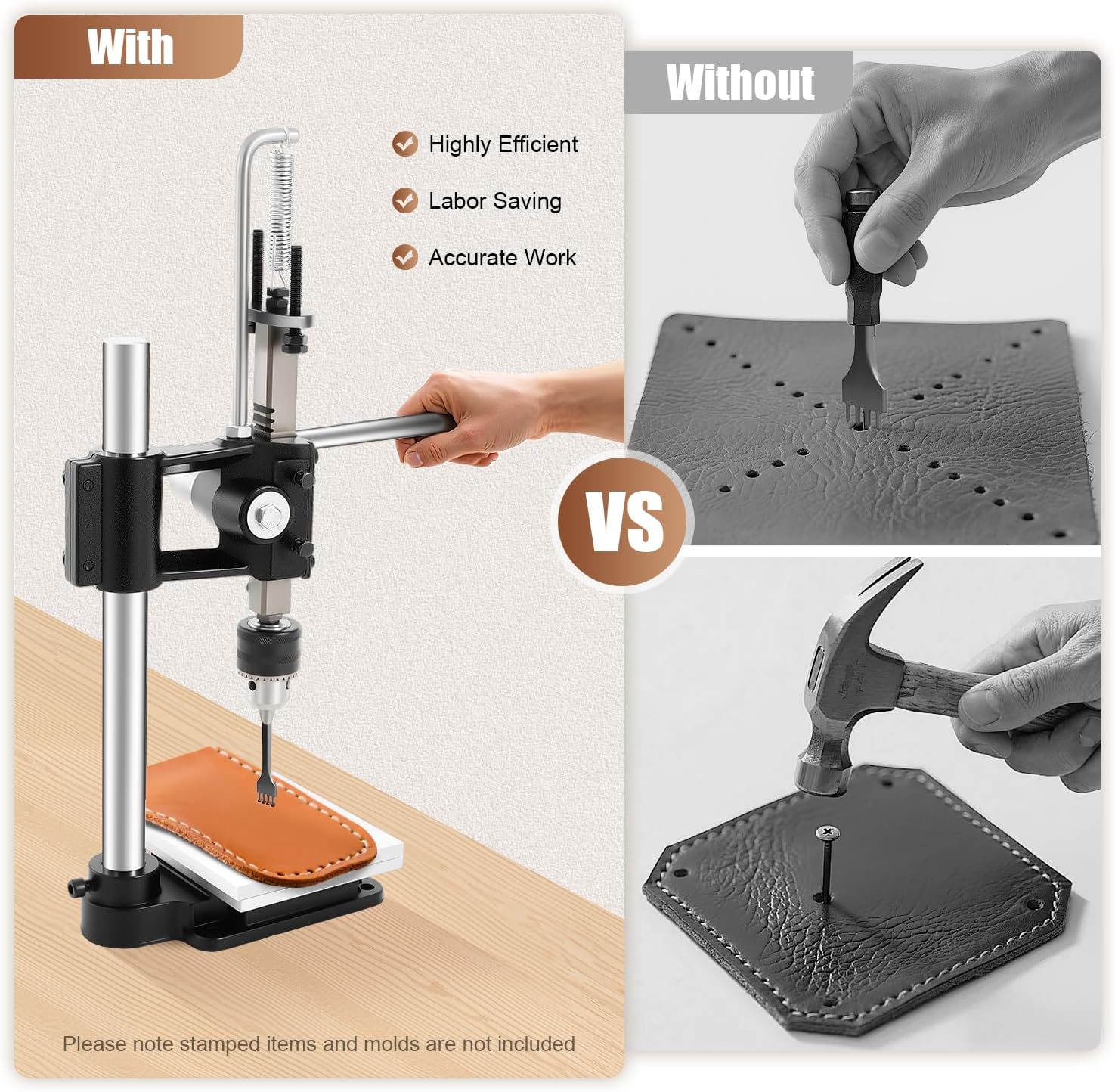 Manual Press Puncher, Leather Hole Punch Tool with Spring Return & Drill Chuck, Adjustable Height 0-6.3" for Leather, Paper, Fabric – 352 lbs Stamping Force, Includes Scaled Aluminum Plate & PP Pad