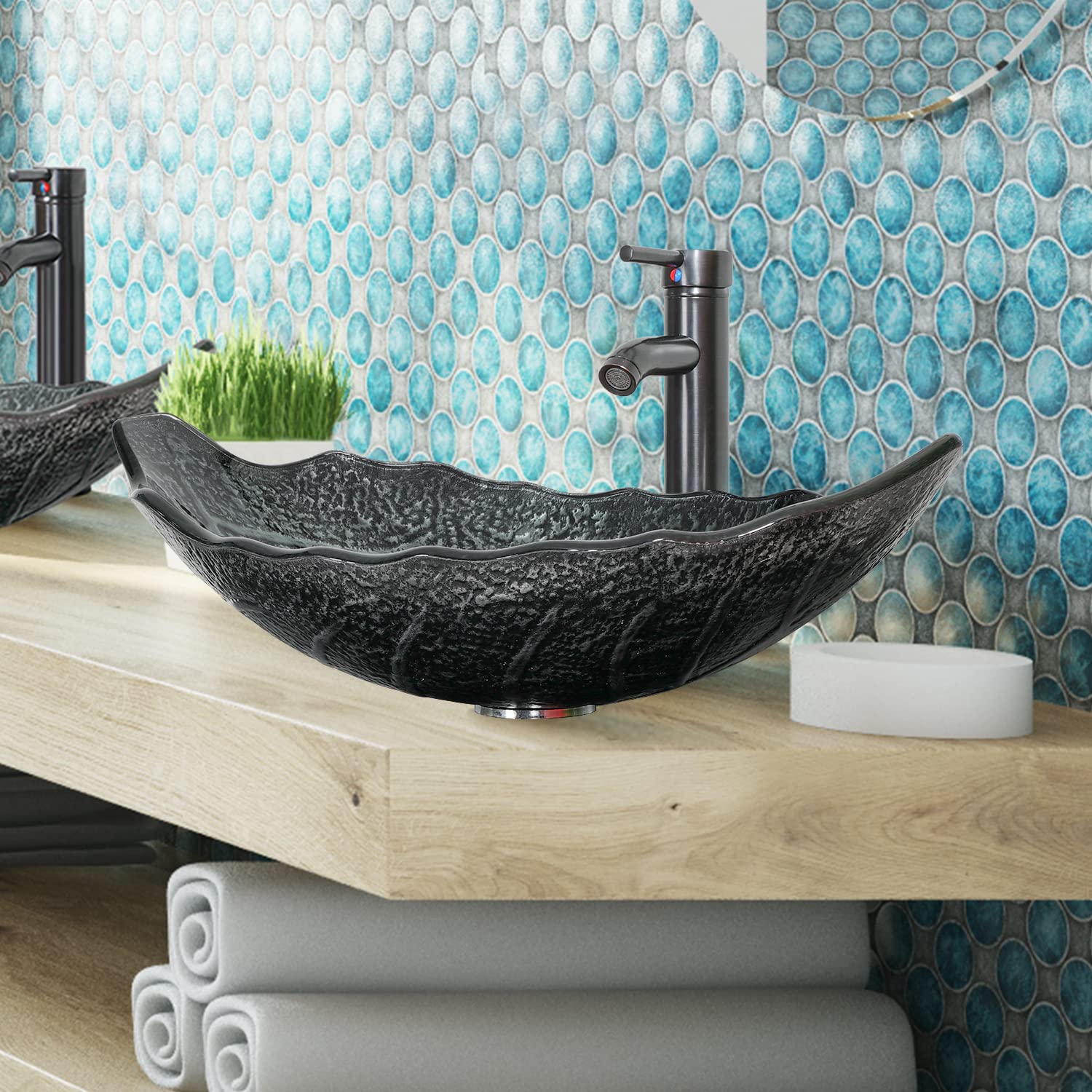 YU YUSING Lavabo Sobre Encimera con Grifo, Lavabo Baño de Cristal 56x34x17 cm, Lavabos de Lujo para Baño, Cocina, Aseo de Invitados, Tocador, Moderno Gris Plata, Forma de Hoja