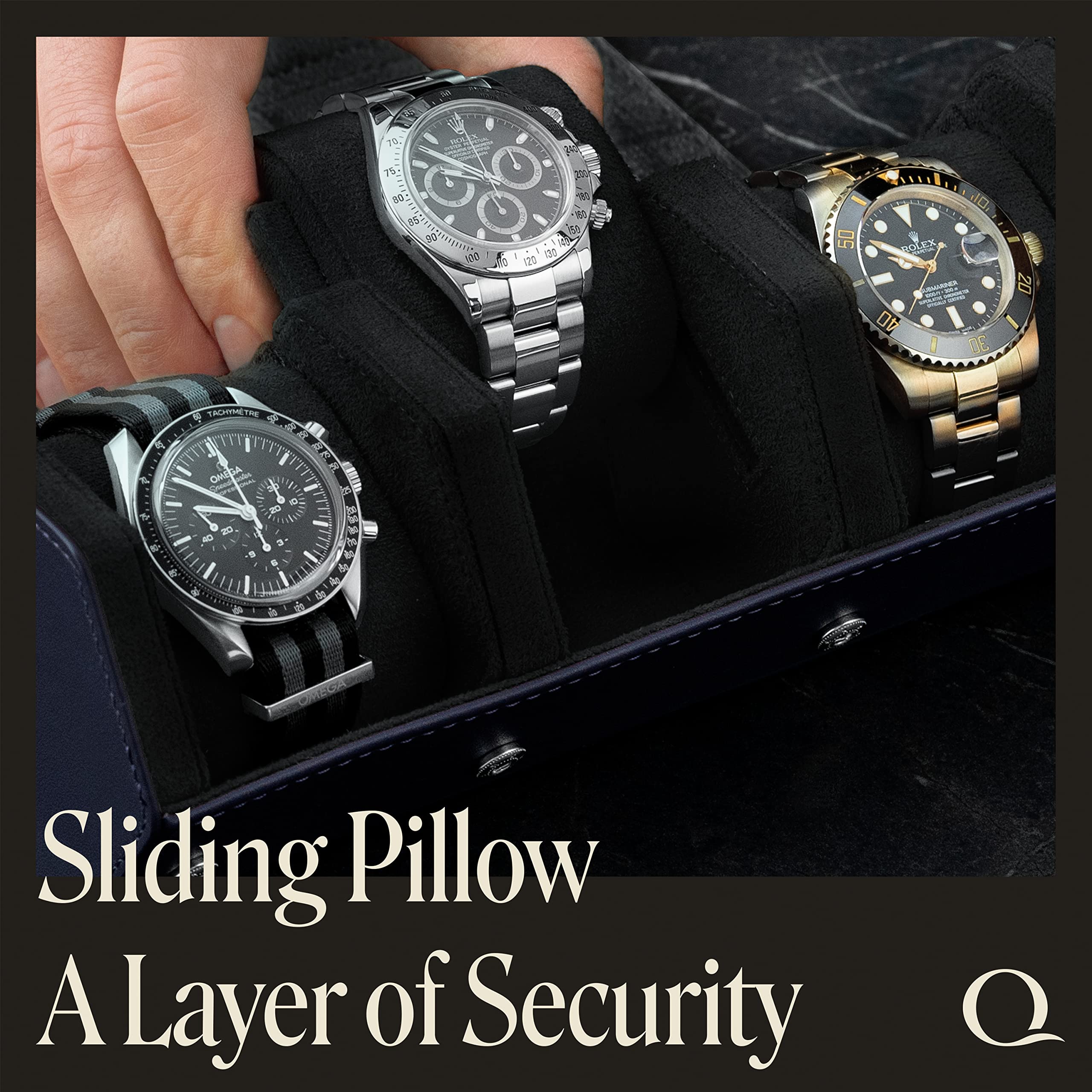 QWATCHBANDS ナパレザーウォッチケース メンズ - トラベルウォッチロールとレザーウォッチディスプレイケース ベルベットの内側 - 腕時計収納オーガナイザー メ QWATCHBANDS ナパレザー腕時計ロール メンズ 六角形 腕時計用トラベルケース \u2013 ストレージオーガナイザー 本革  ベルベット内部ディスプレイ, 3 - グレー⁄ライトブルー, Triple