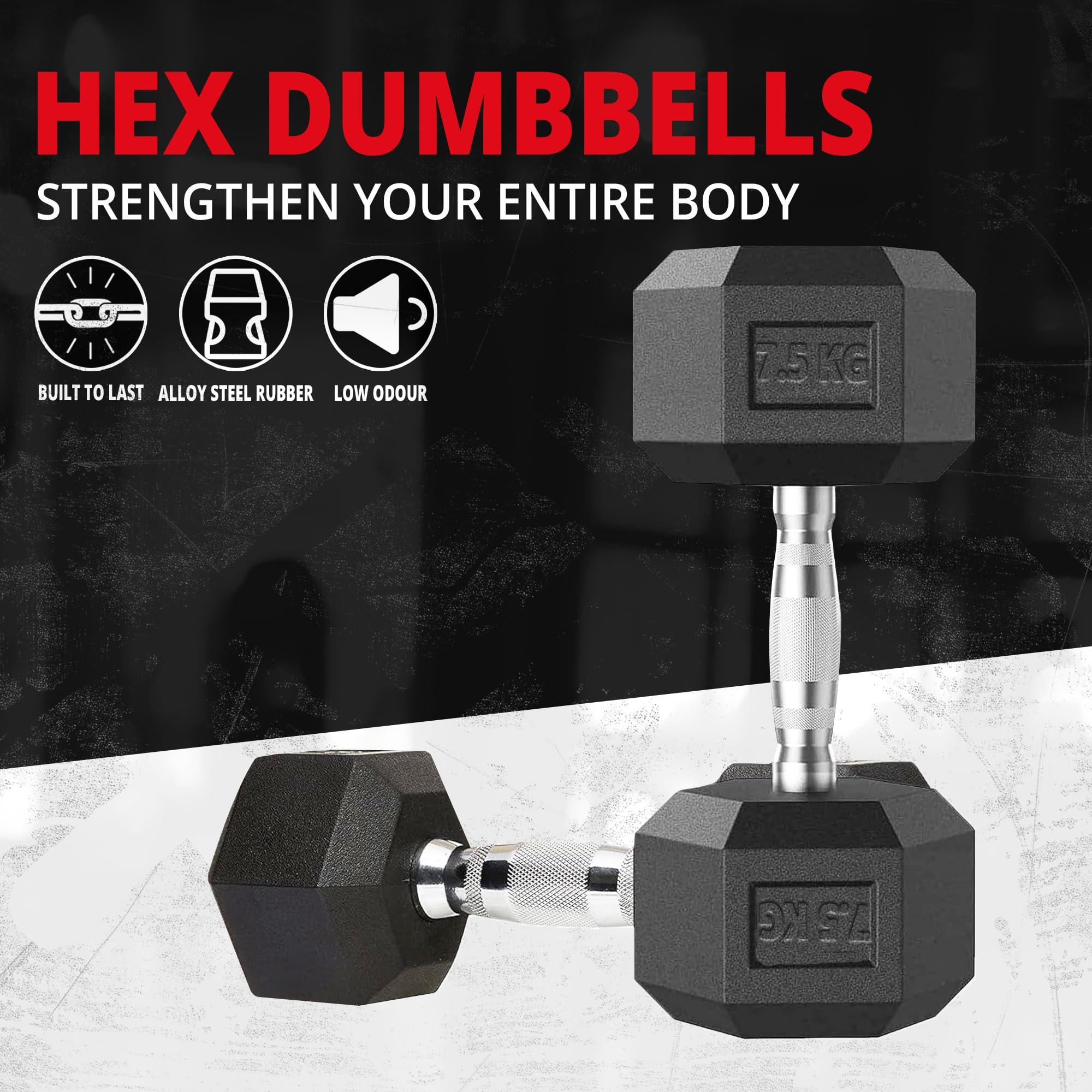MAXSTRENGTH Set di manubri esagonali da 7,5 kg, 10 kg, 15 kg, singoli o paio, in gomma sintetica con rivestimento in ghisa, per allenamento della forza in casa o in palestra
