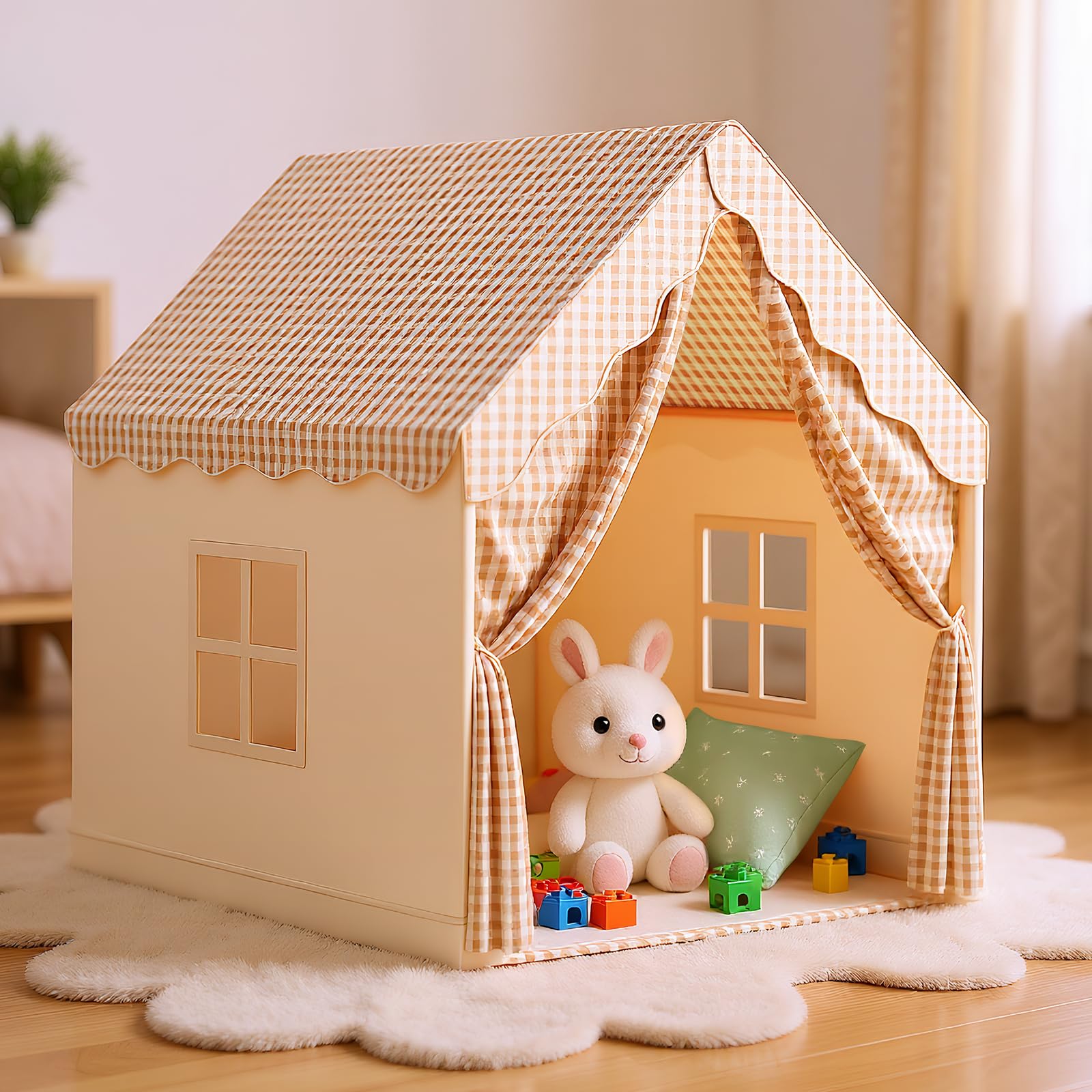 Casa Gioco Pieghevole Per Bambini, Grande Tenda Da Gioco Con Tenda Staccabile, Tessuto Lavabile E Amichevole Per La Pelle, Casa Gioco Rapida Da Assemblare Per 3-4 Bambini, Tenda Da Gioco Interna Per