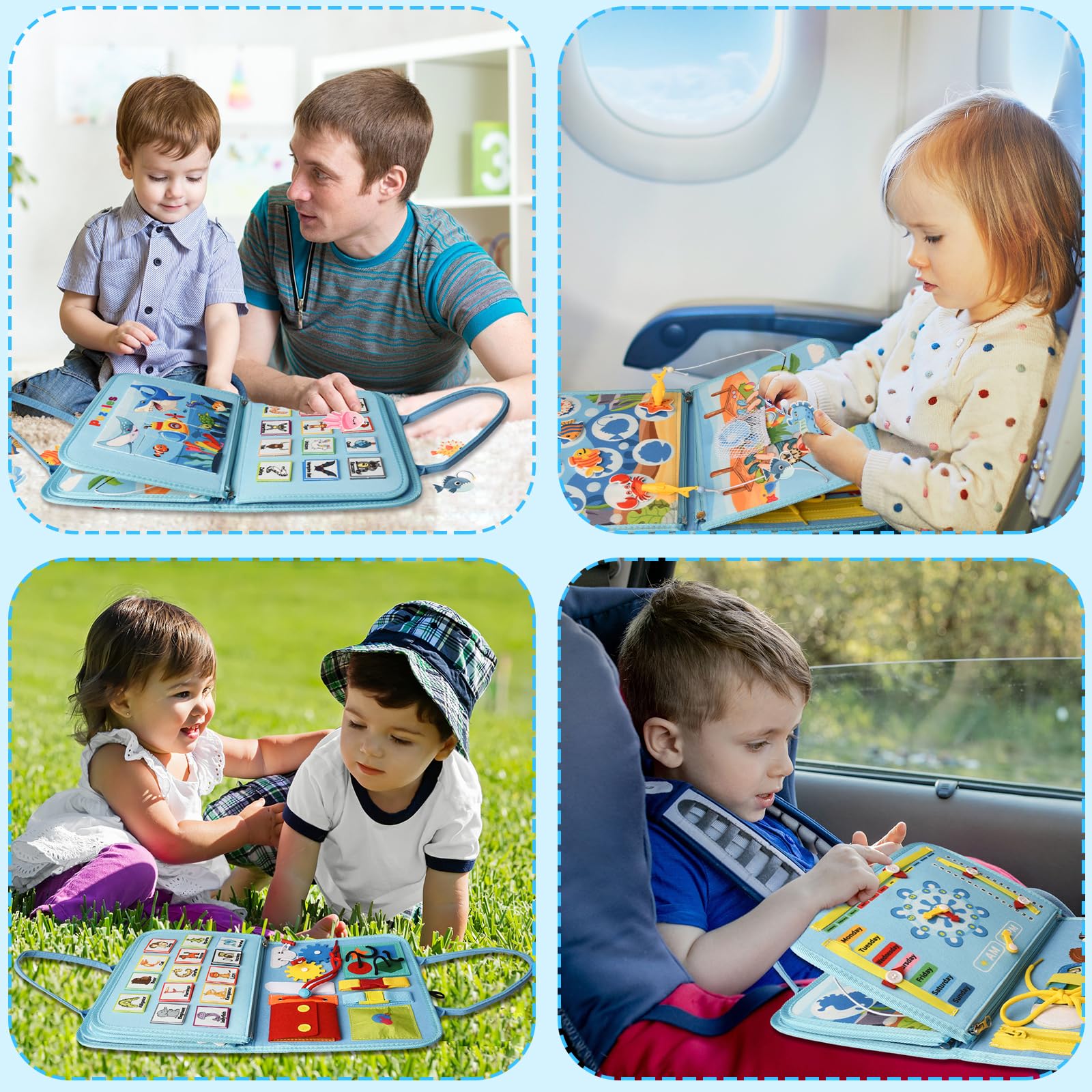 Busy Board per Bambini, Giochi Montessori 1-4 Anni, Giocattoli Educativi Sensoriali con Puzzle, Parole, Date, Orologi, Giochi di Pesca, Pulsante Sonoro, Cerniere e Fibbie