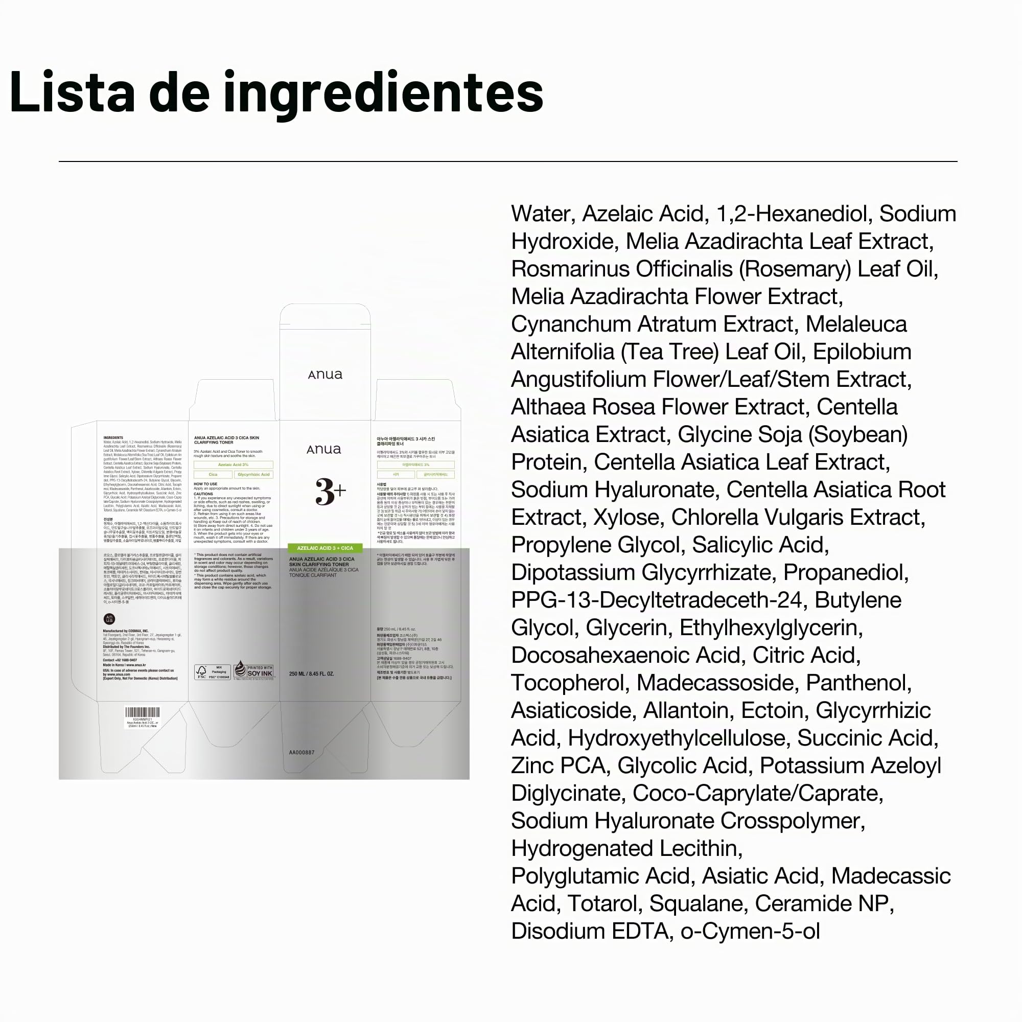Anua Azelaic Acid 3 CICA Skin Clarifying Toner, Tónico Facial Calmante y Purificante, con Ácido Salicílico y Ácido Azelaico, Cuidado de la grasa y Imperfecciones, skincare coreano, 250 ml