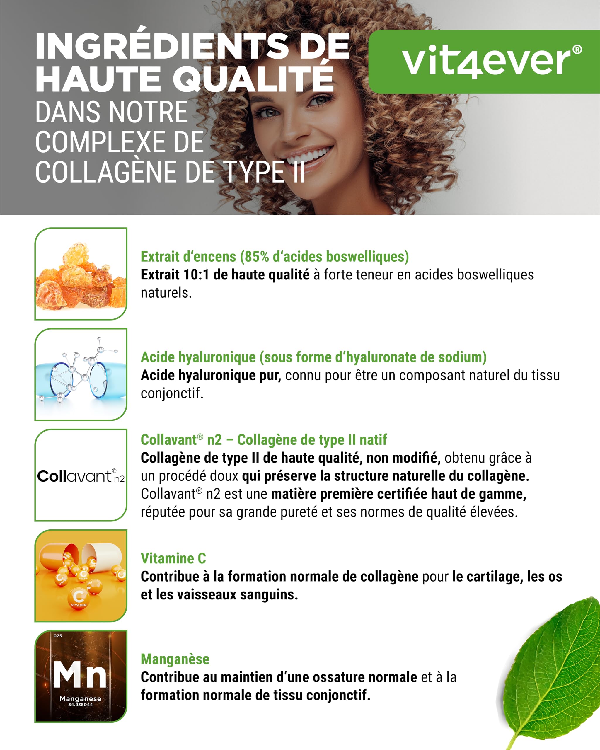 Complexe Collagène de Type II – avec Collagène Natif Collavant N2®, Extrait d’Encens, Acide Hyaluronique, Vitamine C, Manganèse pour les Os, le Cartilage et les Articulations