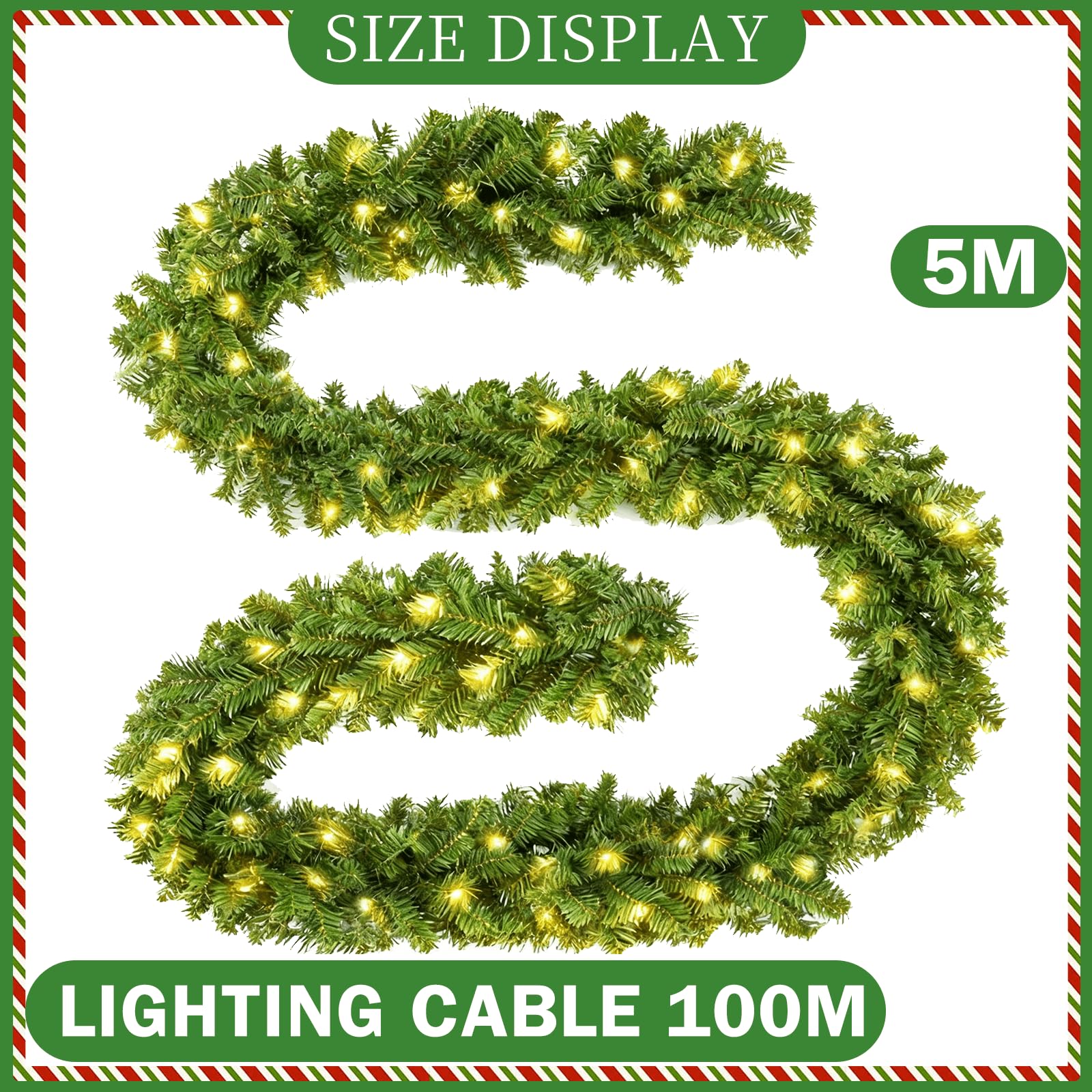 KOIUEYW Weihnachtsgirlande mit Beleuchtung 5m 100 LEDs,Grün Künstlich Weihnachtsgirlande mit Warmweiß Licht & 500 Spitzen,Girlande Tannengirlande für Treppen Kamin Haustür Innen Außen Weihnachtsdeko