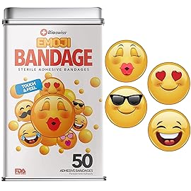 BioSwiss Bandages, Emoji Shaped Self Adhesive Bandage Set, Latex Free, Sterile Wound Care, 50 Count