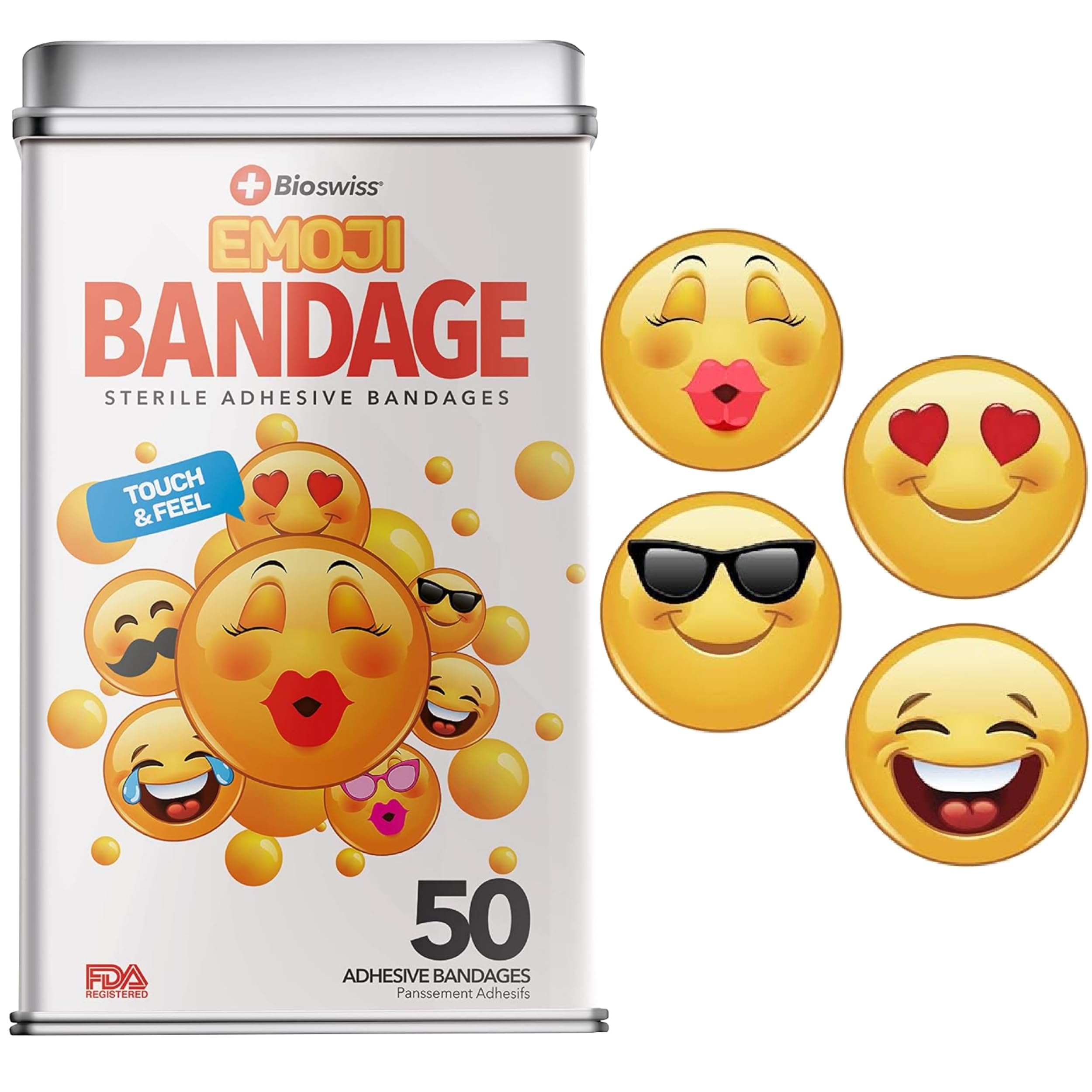 BioSwiss Bandages, Emoji Shaped Self Adhesive Bandage Set, Latex Free, Sterile Wound Care, 50 Count