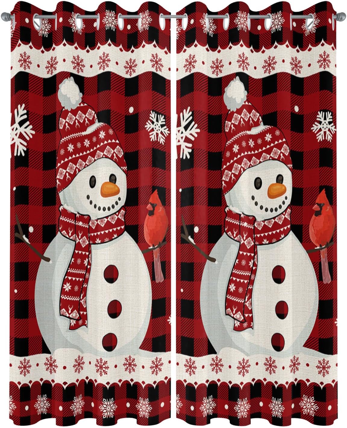 Outdoor Curtains, Winter Snowman White Snowflake Weatherproof Waterproof Grommet Window Curtain Panel Red Black Buffalo Plaid Indoor/Outdoor Privacy Drape 2 Panels with Tiebacks 52"x108"