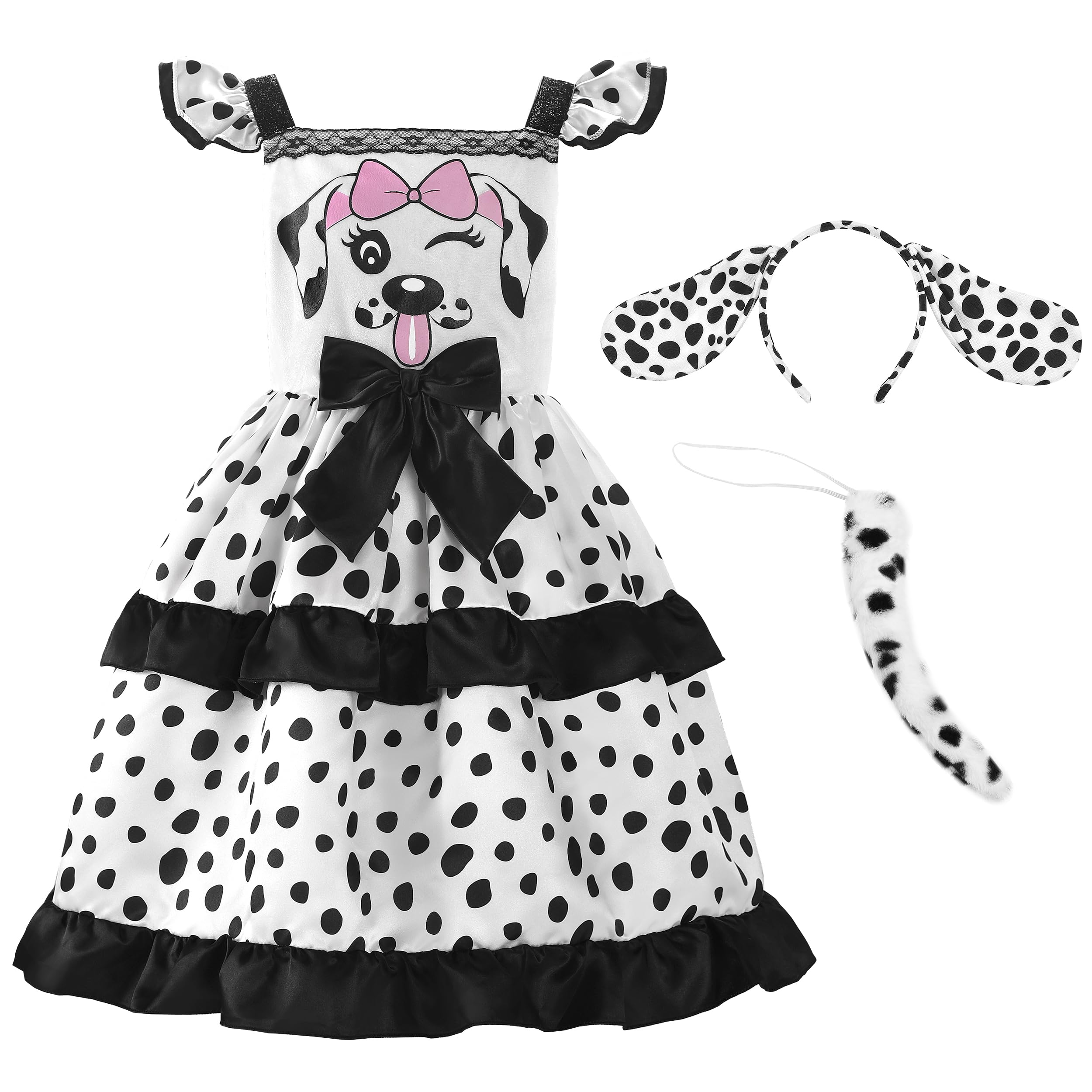 ReliBeauty Disfraz Dálmata Niña 3-12 años Disfraz de Perro para Niña Vestido Perrito Halloween Carnaval