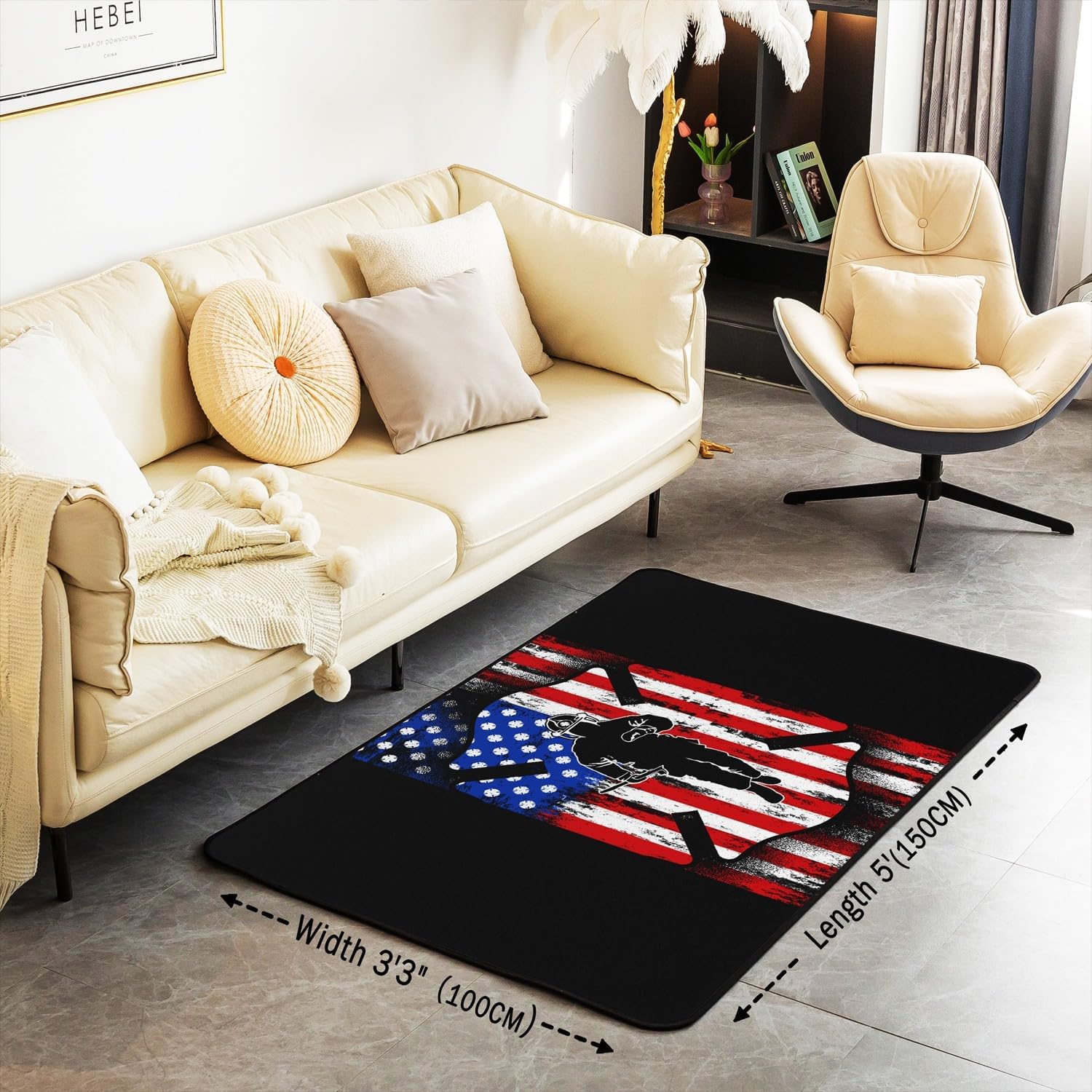 Firefight Living Room Rugs 3x5 Gift for Firefighter, American Flag Area Rug for Man Youth Bedside, Grunge Smogy Geometric Striped Carpet Runner Non Slip, Fireman Decorative Accent Rug Bedroom Decor