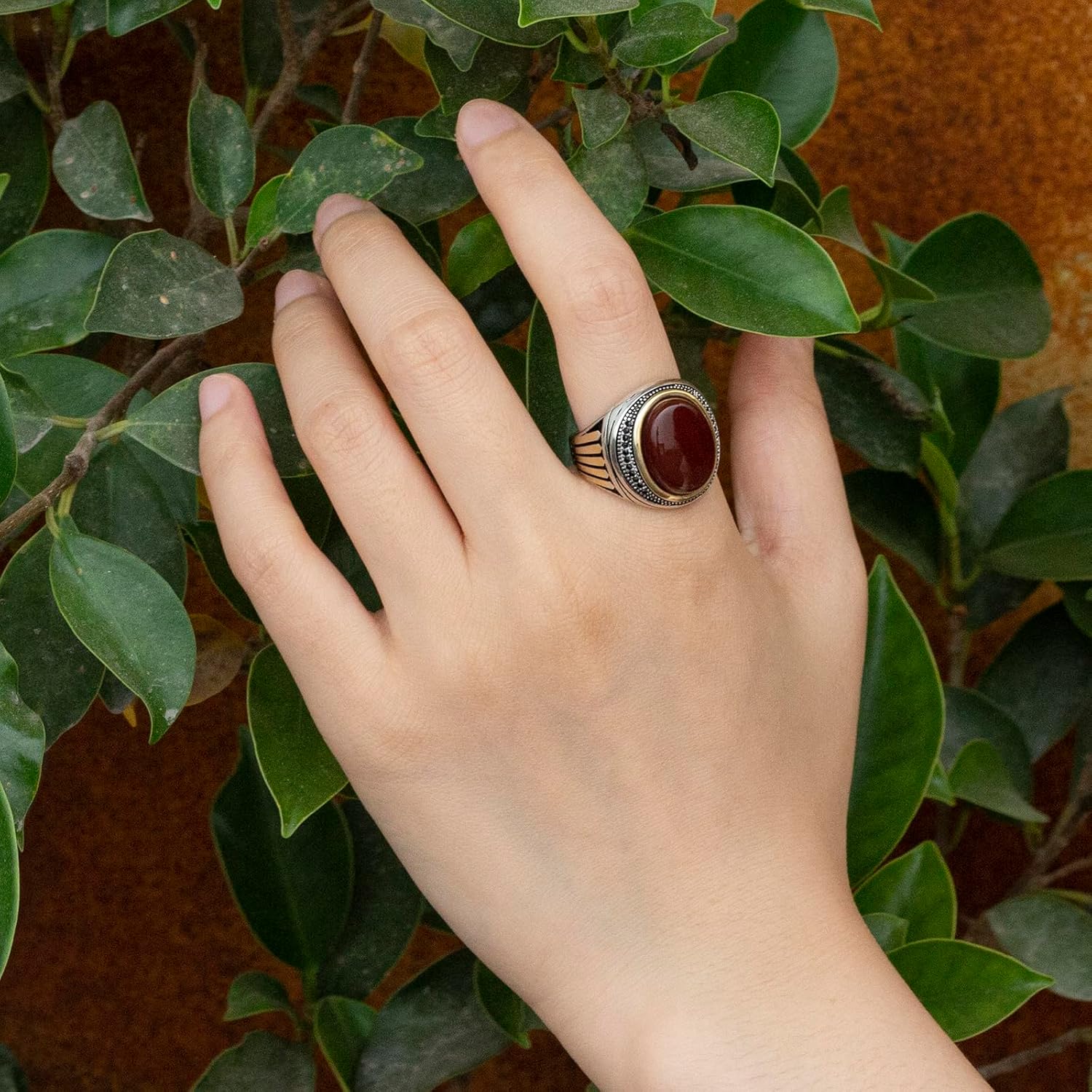 925 Sterling Silver Men's Ring Natural Red Onyx Ring for Men Fashion Signet Rings with Natural Red Agate Stone Turkish Cool Handmade Luxury Jewelry Gift for Him - Image 4