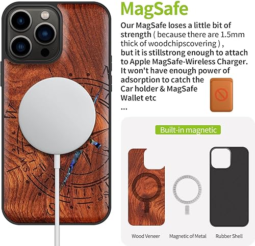 Miniatura 5 de Carveit Funda protectora de madera de diseñador para iPhone 13 Pro Max, cubierta magnética, grabado de madera e incrustaciones de concha, funda de