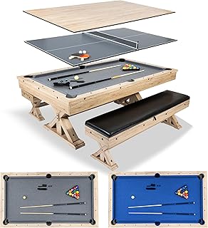 7 FT 3 in 1 Multi Game Pool Table with Dining Top Ping Pong Table Combo, Includes Pool Table Accessories and Tennis Paddles.