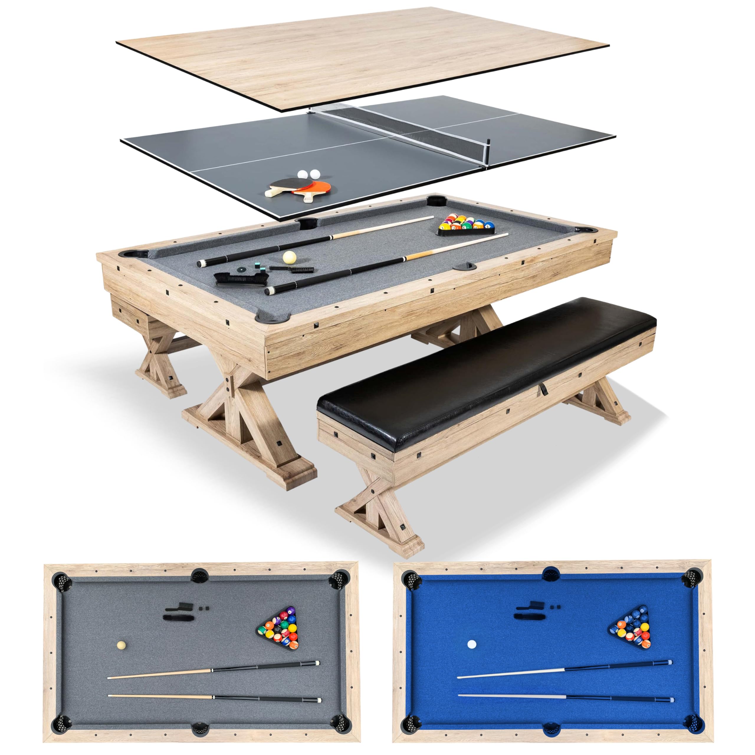 7 FT 3 in 1 Multi Game Pool Table with Dining Top Ping Pong Table Combo, Includes Pool Table Accessories and Tennis Paddles.