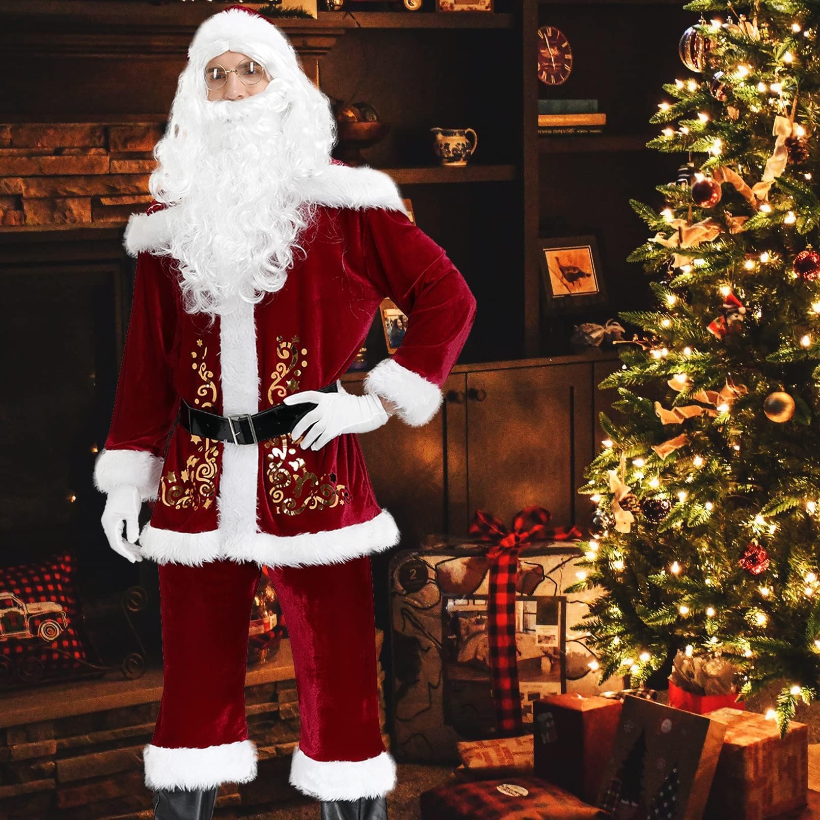 GEMVIE Men's Santa Claus Costume Adult Deluxe Christmas Costume Santa Outfit Xams Party Cosplay Santa Suit 11pcs Set - Image 4