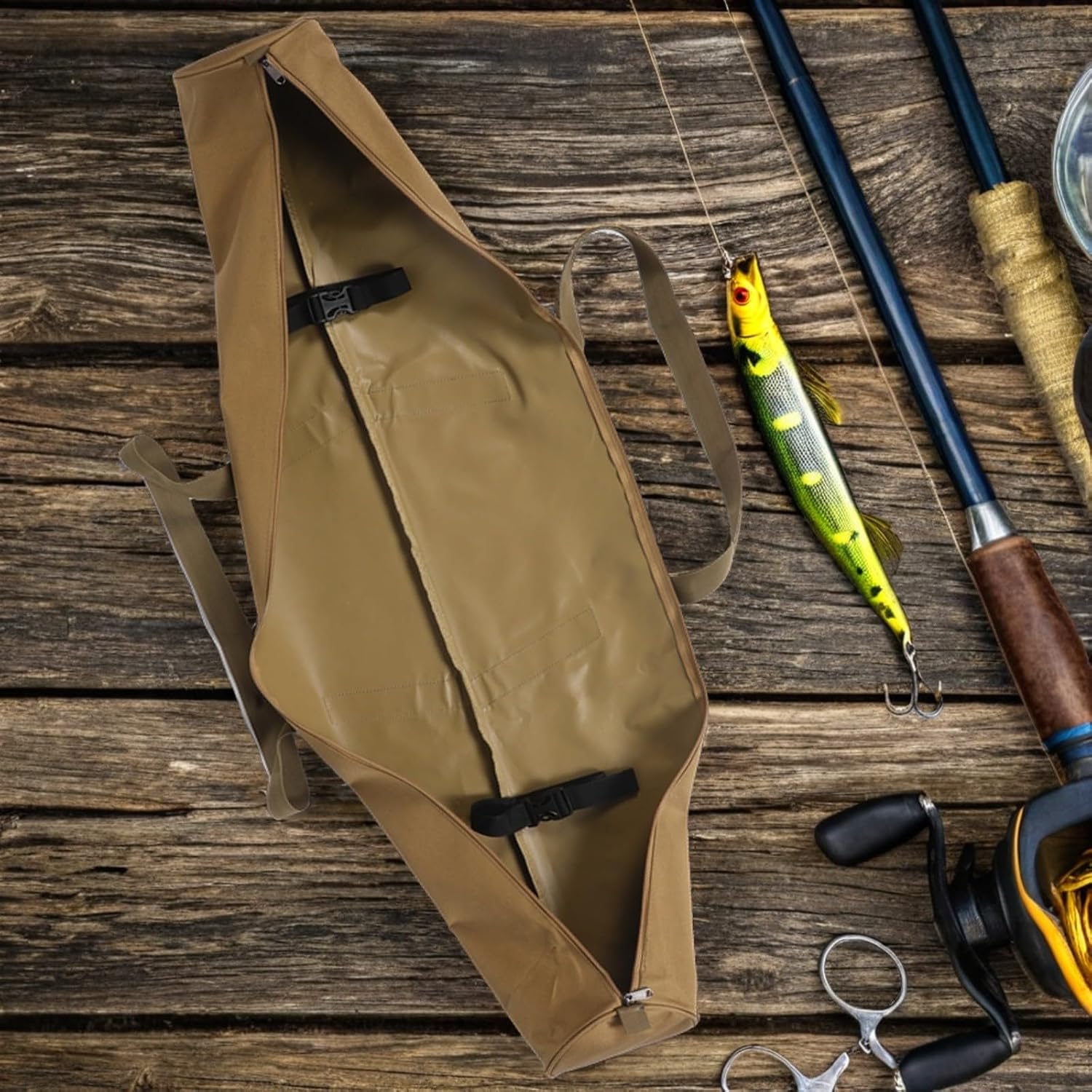 Fishing Rod Case and Tent Pole Storage Bag, Khaki Oxford Fabric Round Tube Organizer with Zipper, Outdoor Camping and Fishing Gear Carrying Pouch for Travel