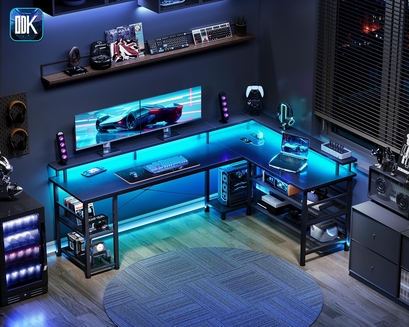 ODK Gaming Eckschreibtisch mit LED und Steckdose, 168×120 cm, Schwarz | Gaming Tisch mit Regal in L-Form, Schreibtisch mit Ablagefach & Stauraum, Reversibel, für Home Office & Wohnzimmer