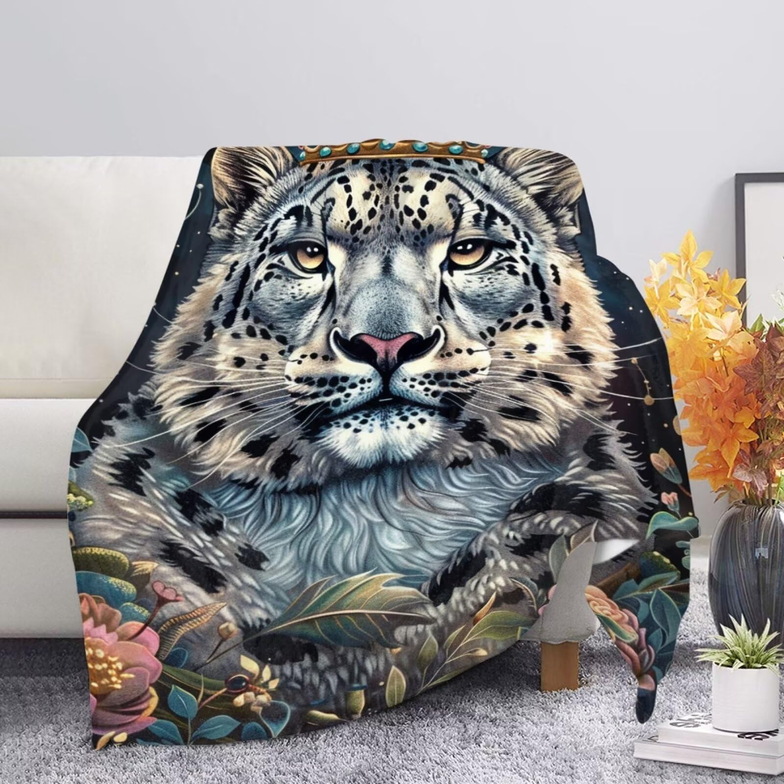 Allcute Nostalgic Floral Snow Leopard Throw Blanket for Couch Bed Cozy Black Soft Blankets for Women Spring Winter Fall Sofa Blanket Home Decor